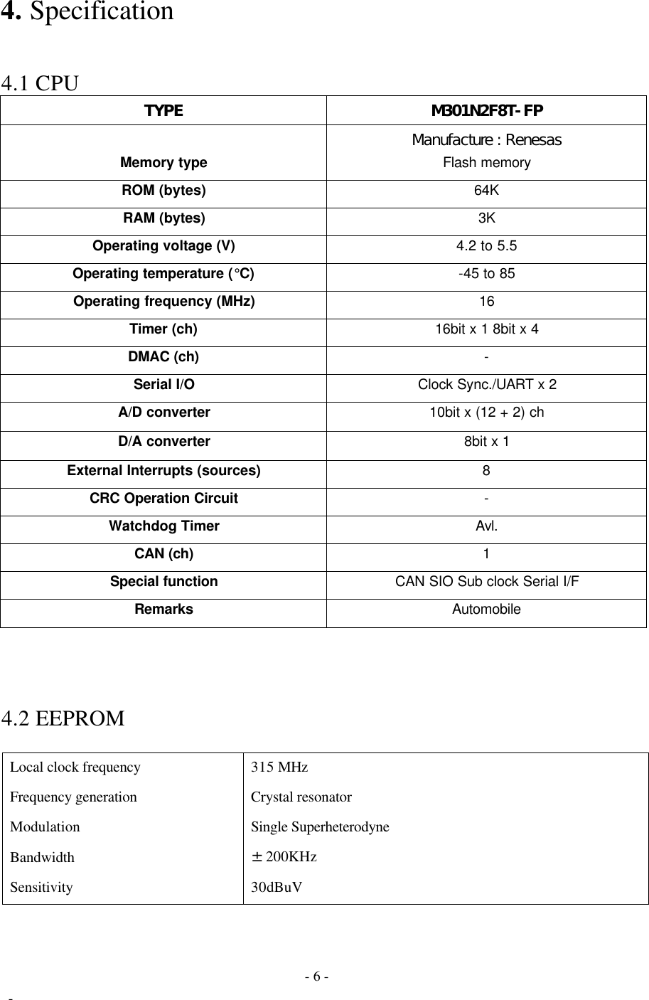  - 6 -  - 4. Specification   4.1 CPU TYPE M301N2F8T-FP           Manufacture : Renesas Memory type Flash memory ROM (bytes) 64K RAM (bytes) 3K Operating voltage (V) 4.2 to 5.5 Operating temperature (°C) -45 to 85 Operating frequency (MHz) 16 Timer (ch) 16bit x 1 8bit x 4 DMAC (ch) - Serial I/O Clock Sync./UART x 2 A/D converter 10bit x (12 + 2) ch D/A converter 8bit x 1 External Interrupts (sources) 8 CRC Operation Circuit - Watchdog Timer Avl. CAN (ch) 1 Special function CAN SIO Sub clock Serial I/F Remarks Automobile    4.2 EEPROM  Local clock frequency 315 MHz Frequency generation Crystal resonator Modulation Single Superheterodyne Bandwidth ±200KHz Sensitivity 30dBuV   