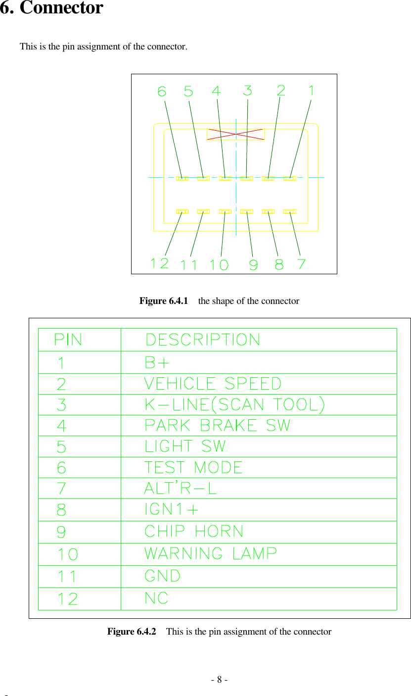  - 8 -  - 6. Connector      This is the pin assignment of the connector.           Figure 6.4.1  the shape of the connector               Figure 6.4.2  This is the pin assignment of the connector 