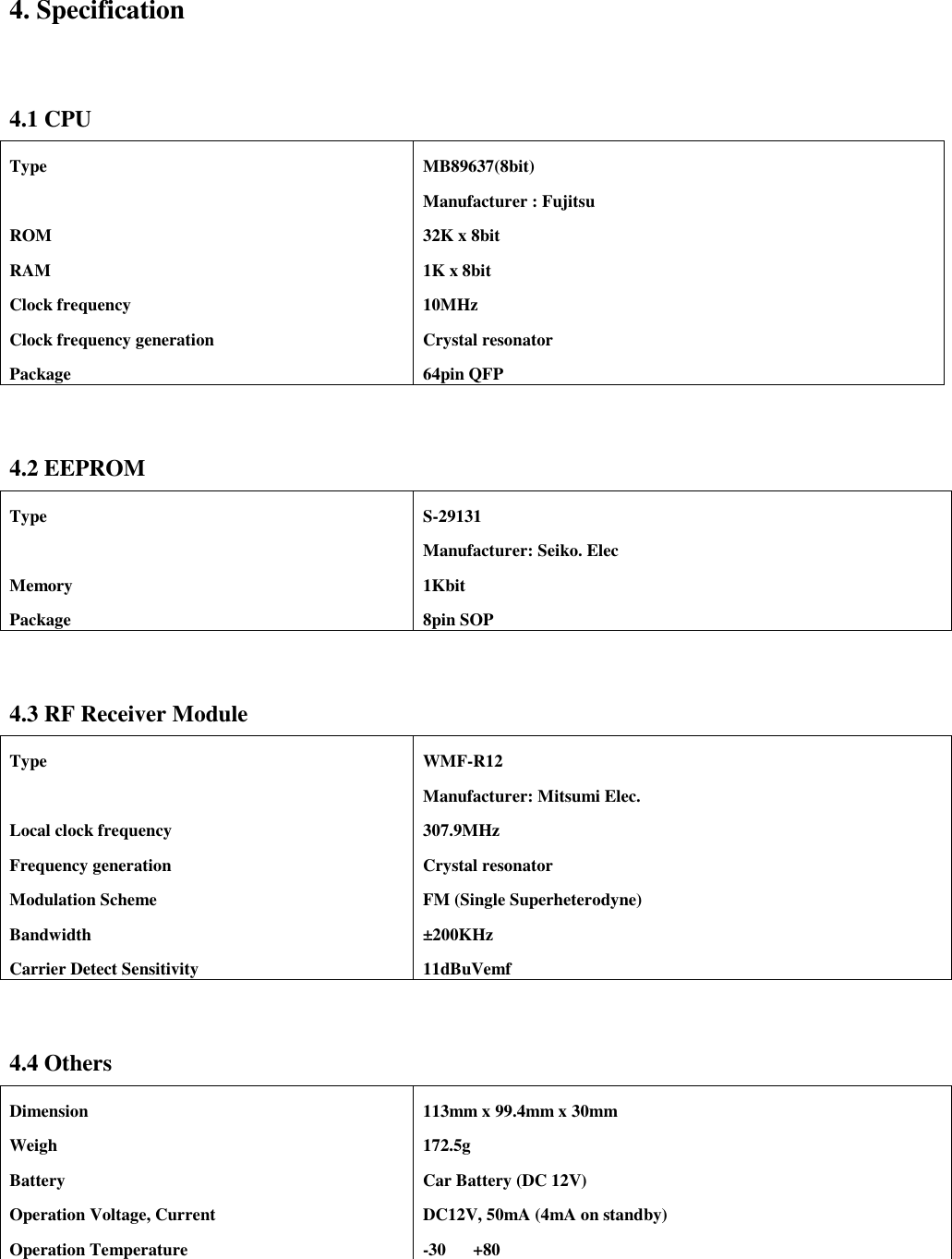 4. Specification4.1 CPUTypeROMRAMClock frequencyClock frequency generationPackageMB89637(8bit)Manufacturer : Fujitsu32K x 8bit1K x 8bit10MHzCrystal resonator64pin QFP4.2 EEPROMTypeMemoryPackageS-29131Manufacturer: Seiko. Elec1Kbit8pin SOP4.3 RF Receiver ModuleTypeLocal clock frequencyFrequency generationModulation SchemeBandwidthCarrier Detect SensitivityWMF-R12Manufacturer: Mitsumi Elec.307.9MHzCrystal resonatorFM (Single Superheterodyne)±200KHz11dBuVemf4.4 OthersDimensionWeighBatteryOperation Voltage, CurrentOperation Temperature113mm x 99.4mm x 30mm172.5gCar Battery (DC 12V)DC12V, 50mA (4mA on standby)-30+80