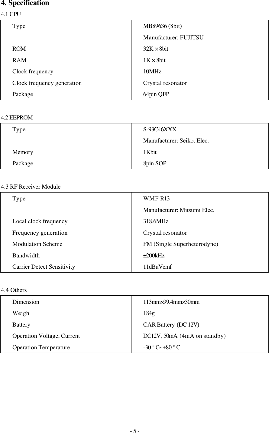 - 5 - 4. Specification   4.1 CPU Type  ROM RAM Clock frequency Clock frequency generation Package MB89636 (8bit) Manufacturer: FUJITSU 32K × 8bit 1K × 8bit 10MHz Crystal resonator 64pin QFP  4.2 EEPROM Type  Memory Package S-93C46XXX Manufacturer: Seiko. Elec. 1Kbit 8pin SOP  4.3 RF Receiver Module Type  Local clock frequency Frequency generation Modulation Scheme Bandwidth Carrier Detect Sensitivity WMF-R13 Manufacturer: Mitsumi Elec. 318.6MHz Crystal resonator FM (Single Superheterodyne) ±200kHz 11dBuVemf  4.4 Others   Dimension Weigh Battery Operation Voltage, Current Operation Temperature 113mm×99.4mm×30mm 184g CAR Battery (DC 12V) DC12V, 50mA  (4mA on standby) -30 °C~+80 °C 