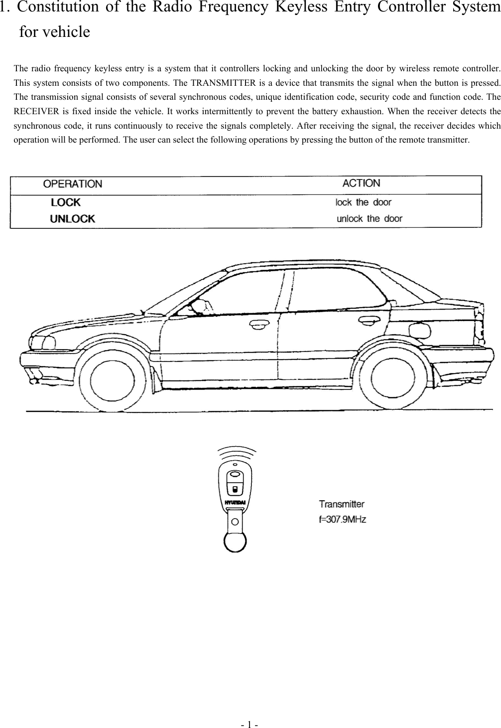 - 1 - 1. Constitution of the Radio Frequency Keyless Entry Controller System for vehicle  The radio frequency keyless entry is a system that it controllers locking and unlocking the door by wireless remote controller. This system consists of two components. The TRANSMITTER is a device that transmits the signal when the button is pressed. The transmission signal consists of several synchronous codes, unique identification code, security code and function code. The RECEIVER is fixed inside the vehicle. It works intermittently to prevent the battery exhaustion. When the receiver detects the synchronous code, it runs continuously to receive the signals completely. After receiving the signal, the receiver decides which operation will be performed. The user can select the following operations by pressing the button of the remote transmitter.   