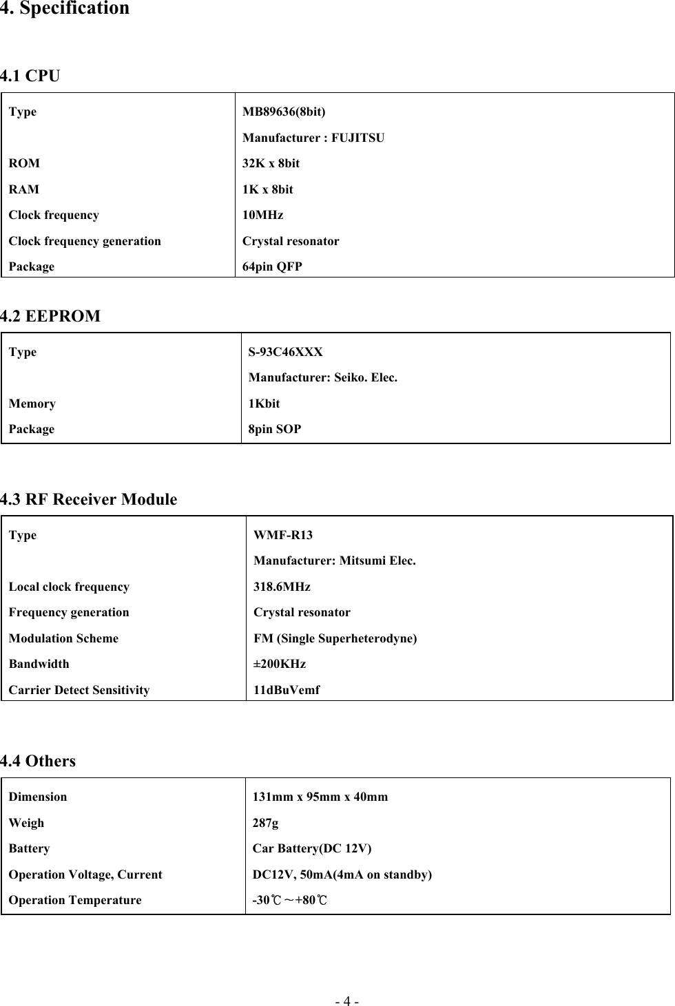 - 4 - 4. Specification   4.1 CPU  4.2 EEPROM   4.3 RF Receiver Module   4.4 Others  Type     ROM  RAM   Clock frequency   Clock frequency generation  Package  MB89636(8bit)  Manufacturer : FUJITSU   32K x 8bit   1K x 8bit  10MHz  Crystal resonator  64pin QFP  Type   Memory  Package  S-93C46XXX   Manufacturer: Seiko. Elec.  1Kbit  8pin SOP  Type    Local clock frequency     Frequency generation  Modulation Scheme  Bandwidth   Carrier Detect Sensitivity  WMF-R13   Manufacturer: Mitsumi Elec.  318.6MHz  Crystal resonator   FM (Single Superheterodyne)  ±200KHz  11dBuVemf  Dimension  Weigh  Battery   Operation Voltage, Current  Operation Temperature   131mm x 95mm x 40mm  287g   Car Battery(DC 12V)   DC12V, 50mA(4mA on standby)  -30 +80  ℃∼ ℃  
