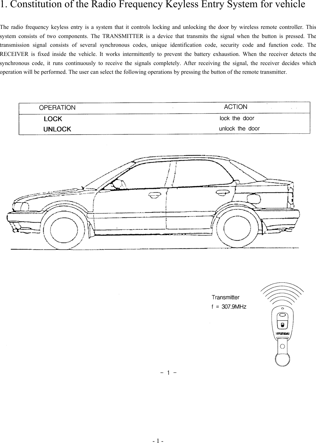 - 1 - 1. Constitution of the Radio Frequency Keyless Entry System for vehicle  The radio frequency keyless entry is a system that it controls locking and unlocking the door by wireless remote controller. This system consists of two components. The TRANSMITTER is a device that transmits the signal when the button is pressed. The transmission signal consists of several synchronous codes, unique identification code, security code and function code. The RECEIVER is fixed inside the vehicle. It works intermittently to prevent the battery exhaustion. When the receiver detects the synchronous code, it runs continuously to receive the signals completely. After receiving the signal, the receiver decides which operation will be performed. The user can select the following operations by pressing the button of the remote transmitter.     