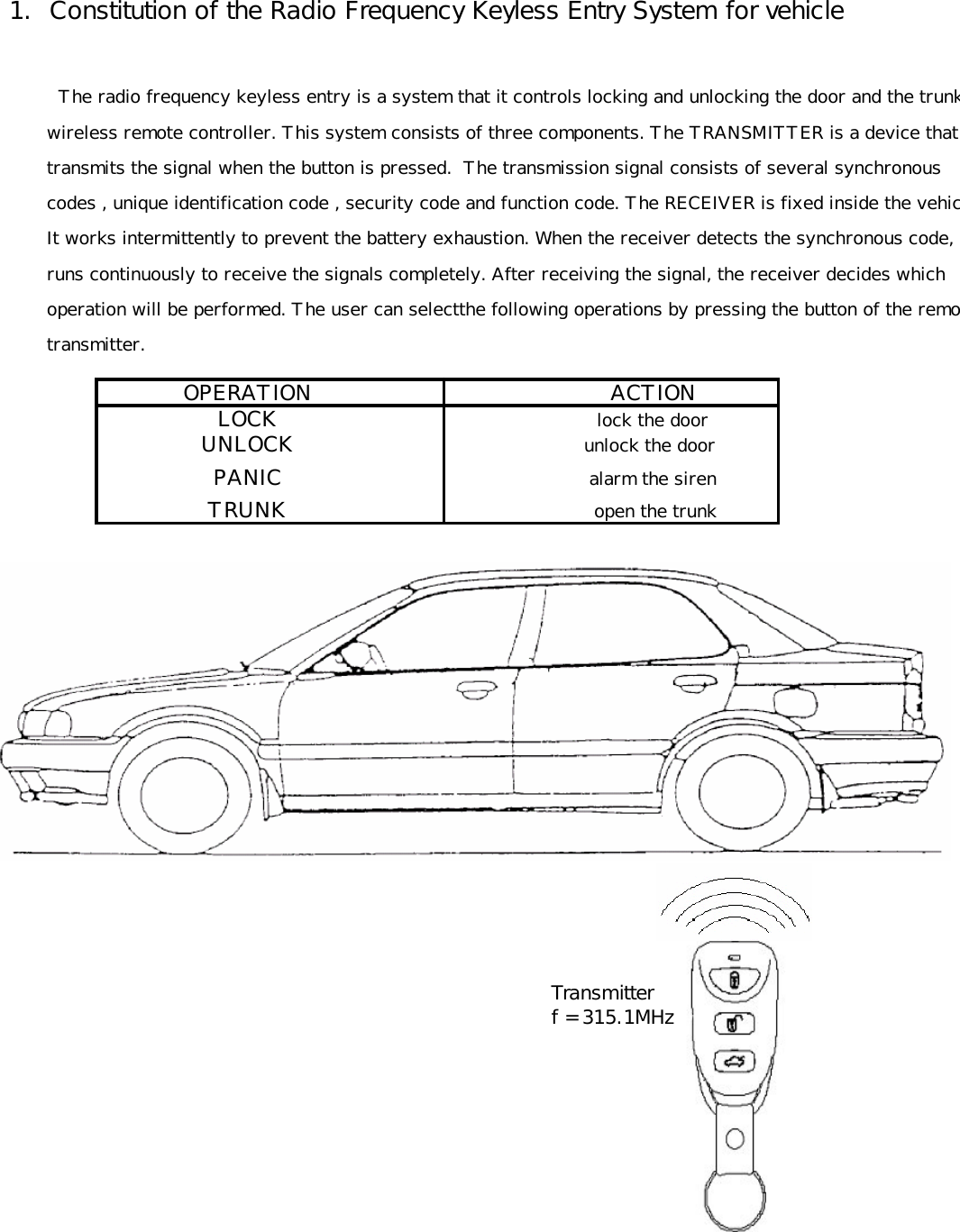  1.  Constitution of the Radio Frequency Keyless Entry System for vehicle          The radio frequency keyless entry is a system that it controls locking and unlocking the door and the trunk by        wireless remote controller. This system consists of three components. The TRANSMITTER is a device that         transmits the signal when the button is pressed.  The transmission signal consists of several synchronous         codes , unique identification code , security code and function code. The RECEIVER is fixed inside the vehicle.        It works intermittently to prevent the battery exhaustion. When the receiver detects the synchronous code, it         runs continuously to receive the signals completely. After receiving the signal, the receiver decides which        operation will be performed. The user can selectthe following operations by pressing the button of the remote        transmitter.OPERATION       ACTIONLOCK        lock the doorUNLOCK       unlock the doorPANIC        alarm the sirenTRUNK         open the trunk        Transmitter        f = 315.1MHz 