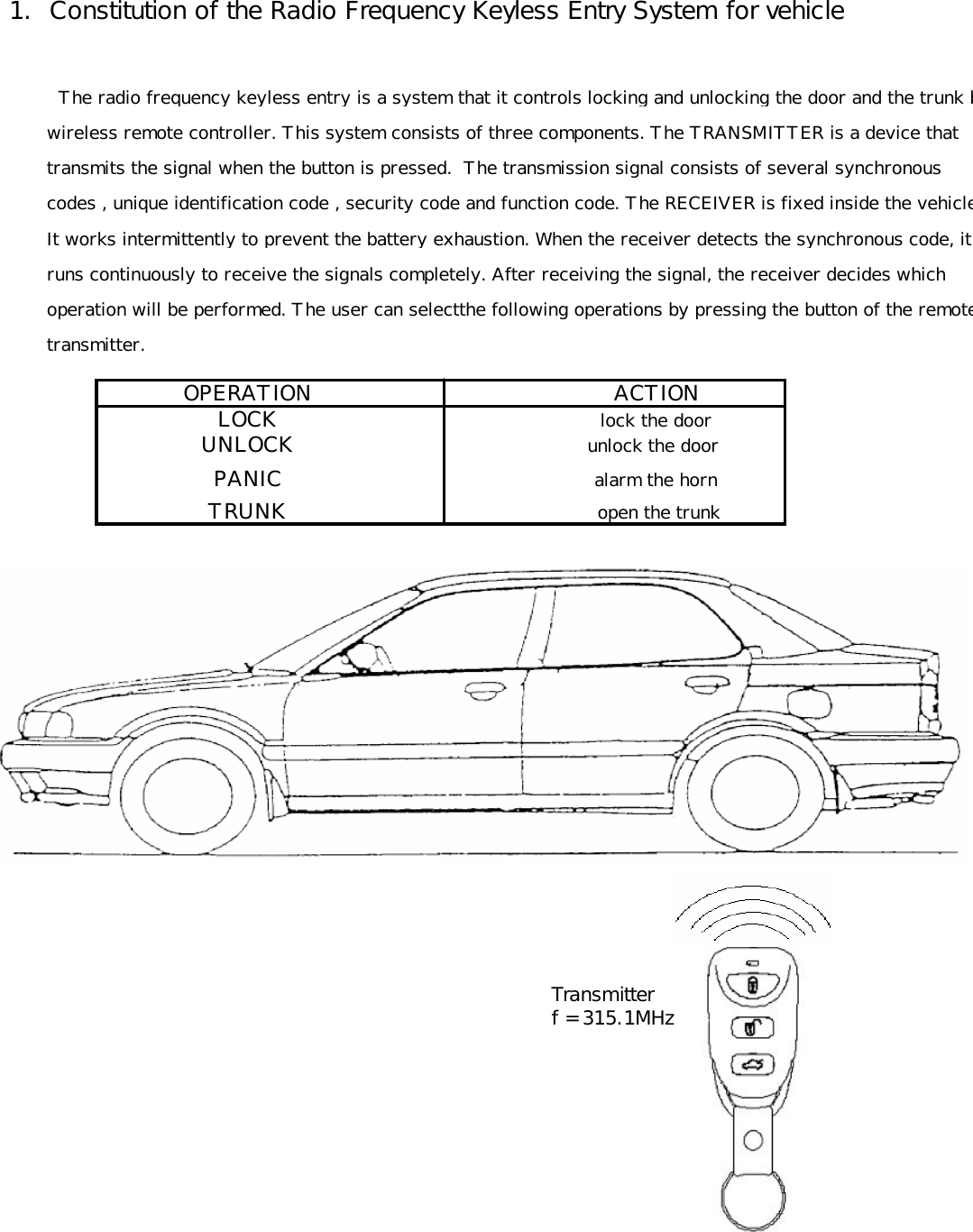  1.  Constitution of the Radio Frequency Keyless Entry System for vehicle          The radio frequency keyless entry is a system that it controls locking and unlocking the door and the trunk by        wireless remote controller. This system consists of three components. The TRANSMITTER is a device that         transmits the signal when the button is pressed.  The transmission signal consists of several synchronous         codes , unique identification code , security code and function code. The RECEIVER is fixed inside the vehicle.        It works intermittently to prevent the battery exhaustion. When the receiver detects the synchronous code, it         runs continuously to receive the signals completely. After receiving the signal, the receiver decides which        operation will be performed. The user can selectthe following operations by pressing the button of the remote        transmitter.OPERATION       ACTIONLOCK        lock the doorUNLOCK       unlock the doorPANIC        alarm the hornTRUNK         open the trunk        Transmitter        f = 315.1MHz 