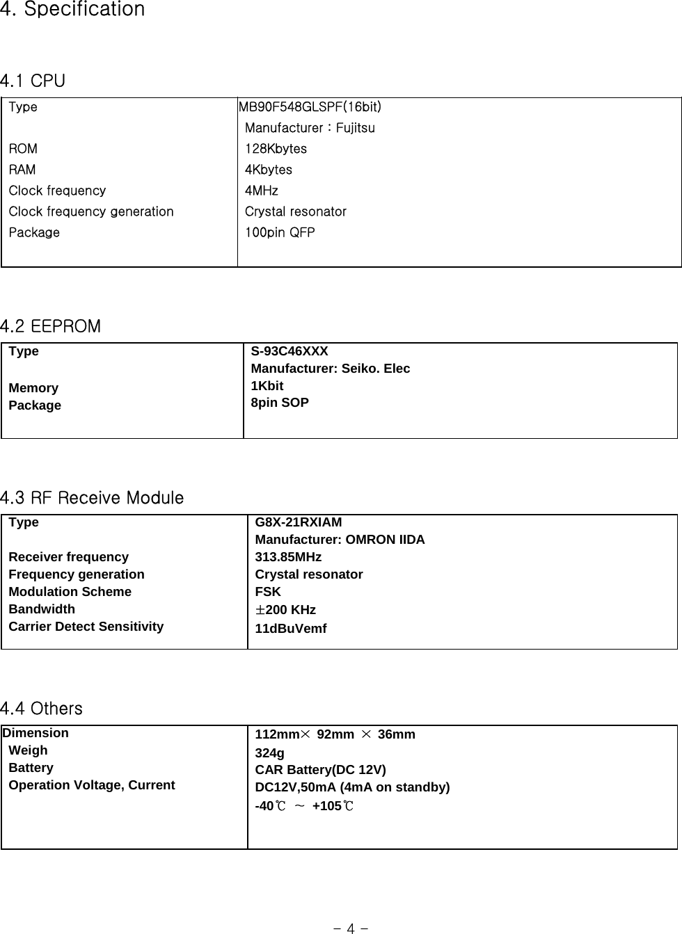  4. Specification   4.1 CPU    4.2 EEPROM    4.3 RF Receive Module    4.4 Others                                                                                                              - 4 -      Type     ROM  RAM   Clock frequency   Clock frequency generation  Package MB90F548GLSPF(16bit)     Manufacturer : Fujitsu   128Kbytes  4Kbytes  4MHz   Crystal resonator   100pin QFP  Type    Memory  Package  S-93C46XXX   Manufacturer: Seiko. Elec  1Kbit  8pin SOP    Type     Receiver frequency     Frequency generation  Modulation Scheme  Bandwidth   Carrier Detect Sensitivity  G8X-21RXIAM    Manufacturer: OMRON IIDA  313.85MHz  Crystal resonator  FSK  ±200 KHz  11dBuVemf Dimension   Weigh  Battery   Operation Voltage, Current  112mm× 92mm × 36mm   324g  CAR Battery(DC 12V)   DC12V,50mA (4mA on standby)  -40℃ ∼ +105℃ 