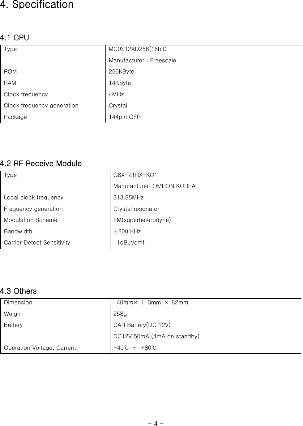 4. Specification   4.1 CPU   MC9S12XD256(16bit)   Manufacturer : Freescale   256KByte   14KByte  Type                                                                  ROM   RAM     Clock frequency  4MHz  Crystal    144pin QFP   Clock frequency generation  Package     4.2 RF Receive Module   Type      Local clock frequency      Frequency generation   Modulation Scheme  Bandwidth   Carrier Detect Sensitivity   G8X-21RX-KO1     Manufacturer: OMRON KOREA   313.85MHz   Crystal resonator   FM(superheterodyne)   ±200 KHz   11dBuVemf     4.3 Others   140mm×  113mm  ×  62mm    Dimension    258g  Weigh   CAR Battery(DC 12V)   Battery   DC12V,50mA (4mA on standby)   -40℃ ∼ +80℃   Operation Voltage, Current                                                              - 4 - 