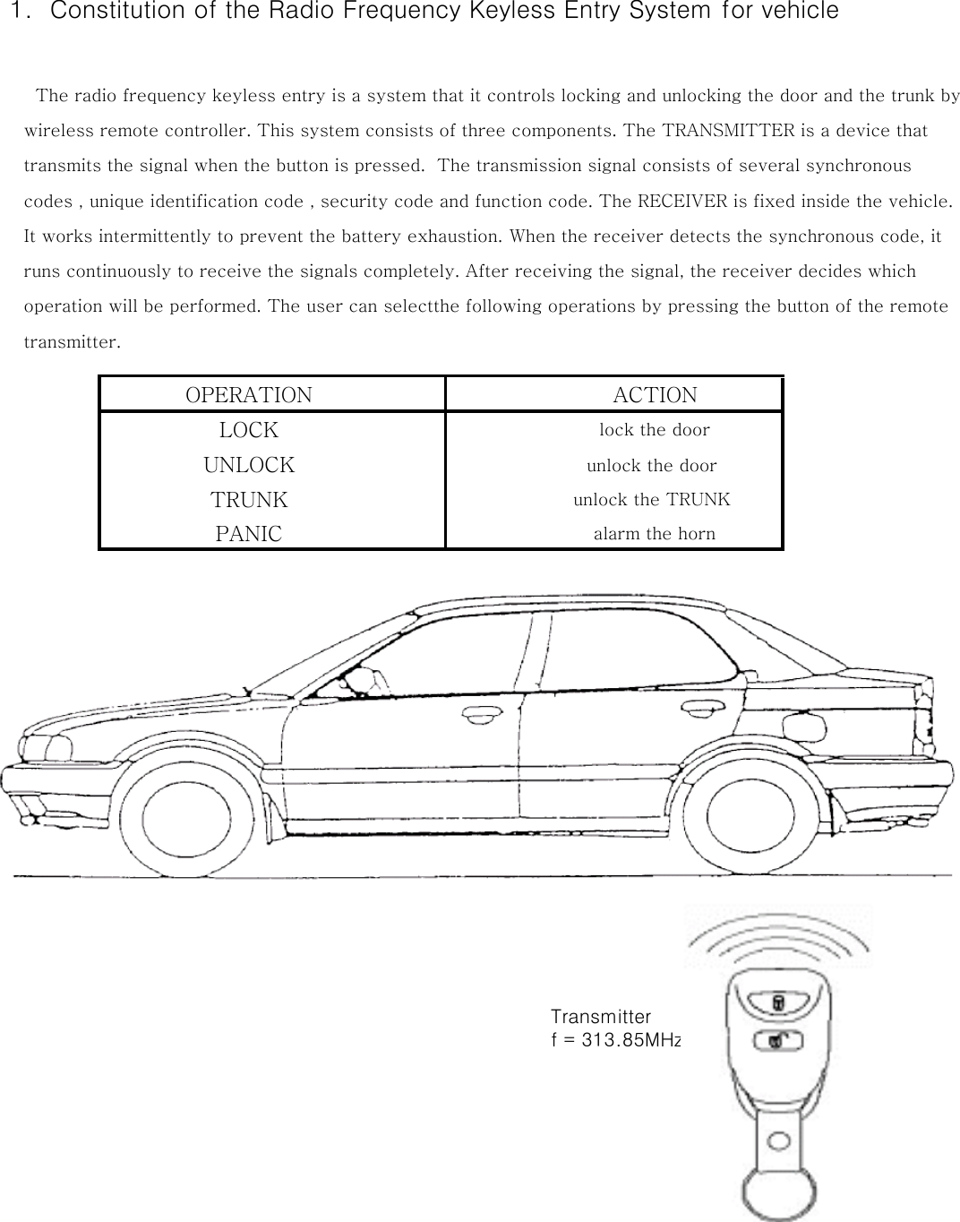  1.  Constitution of the Radio Frequency Keyless Entry System for vehicle      The radio frequency keyless entry is a system that it controls locking and unlocking the door and the trunk by    wireless remote controller. This system consists of three components. The TRANSMITTER is a device that     transmits the signal when the button is pressed.  The transmission signal consists of several synchronous     codes , unique identification code , security code and function code. The RECEIVER is fixed inside the vehicle.    It works intermittently to prevent the battery exhaustion. When the receiver detects the synchronous code, it     runs continuously to receive the signals completely. After receiving the signal, the receiver decides which    operation will be performed. The user can selectthe following operations by pressing the button of the remote    transmitter.OPERATION       ACTIONLOCK        lock the doorUNLOCK       unlock the doorTRUNK       unlock the TRUNKPANIC        alarm the horn        Transmitter        f = 313.85MHz 