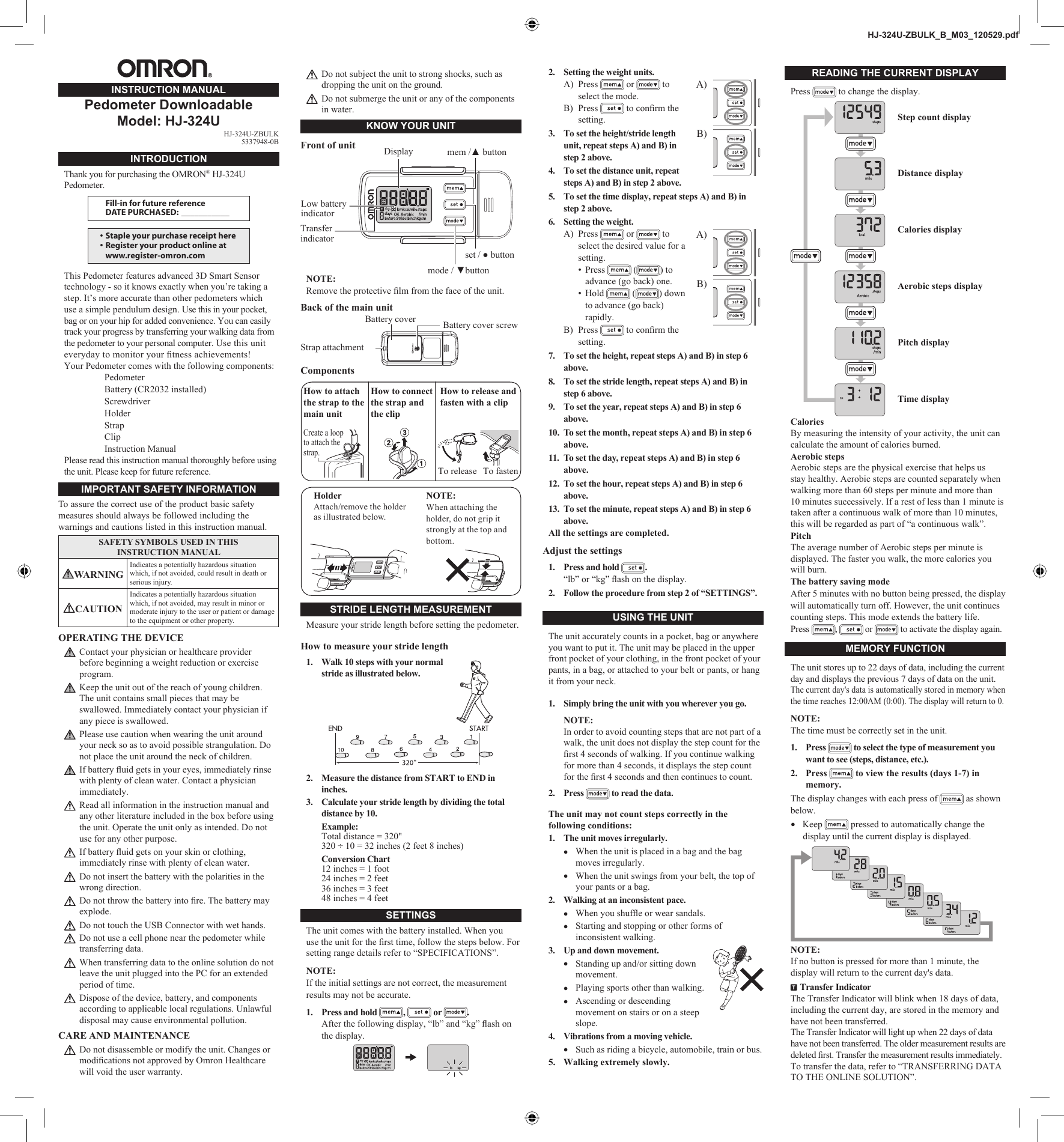 Page 1 of 2 - Omron-Healthcare Omron-Healthcare-Hj-324U-Owners-Manual