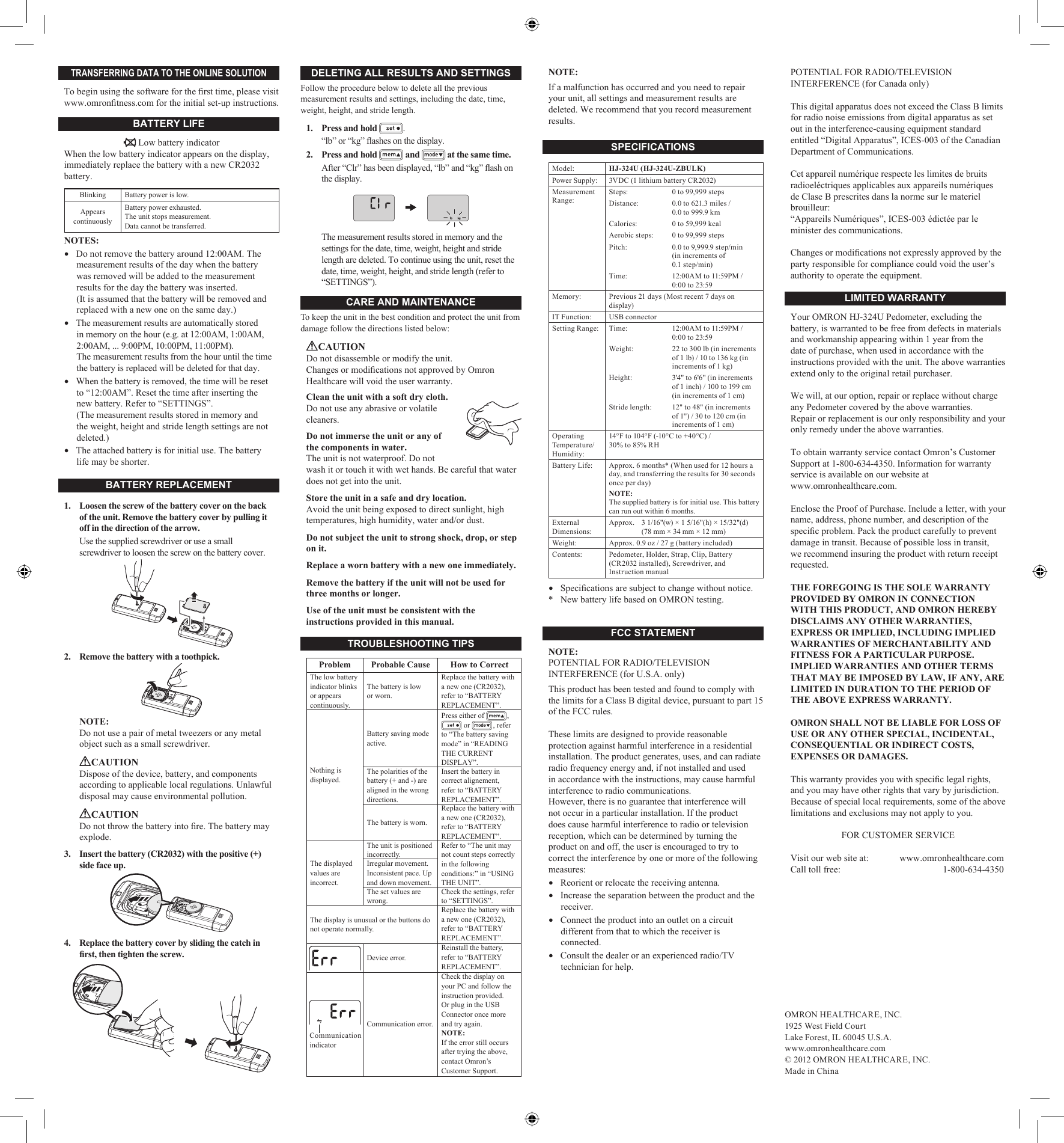 Page 2 of 2 - Omron-Healthcare Omron-Healthcare-Hj-324U-Owners-Manual