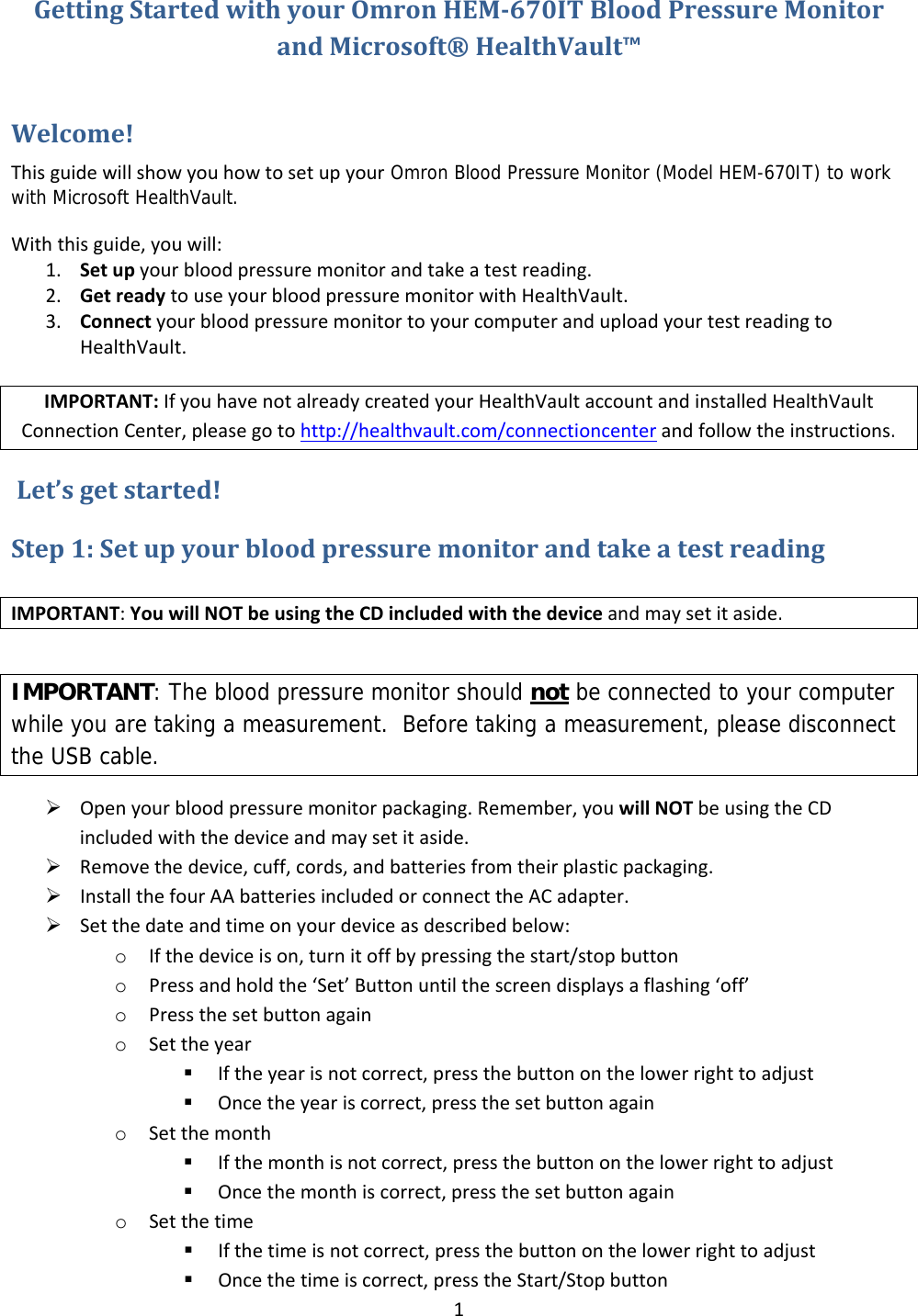 Page 1 of 3 - Omron-Healthcare Omron-Healthcare-Omron-Hem670It-Users-Manual- Getting Started With Cleveland Clinic And HealthVault  Omron-healthcare-omron-hem670it-users-manual