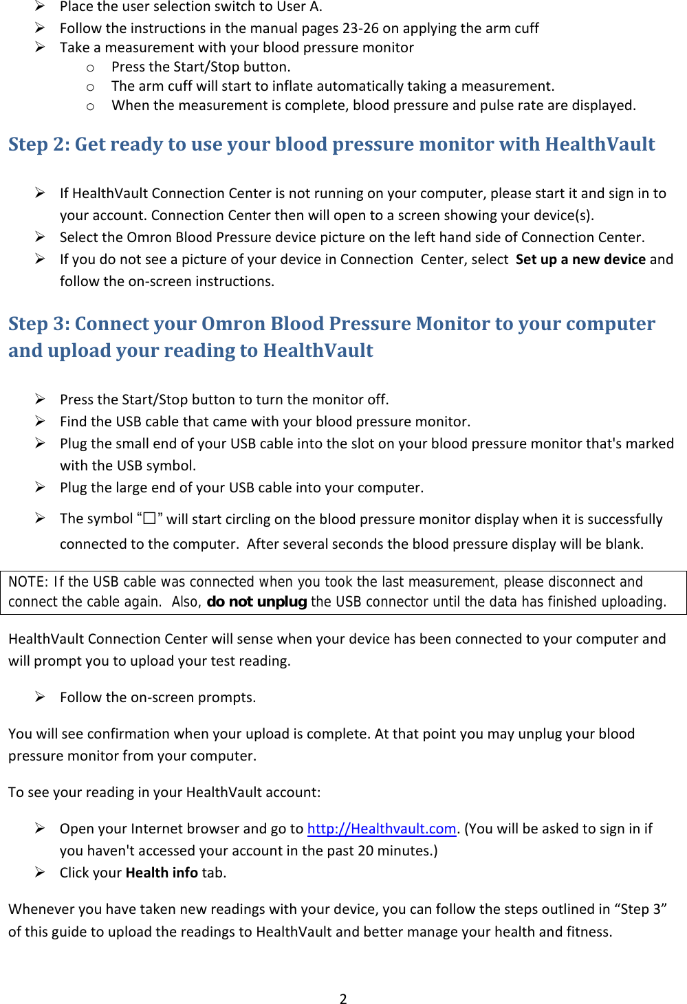 Page 2 of 3 - Omron-Healthcare Omron-Healthcare-Omron-Hem670It-Users-Manual- Getting Started With Cleveland Clinic And HealthVault  Omron-healthcare-omron-hem670it-users-manual