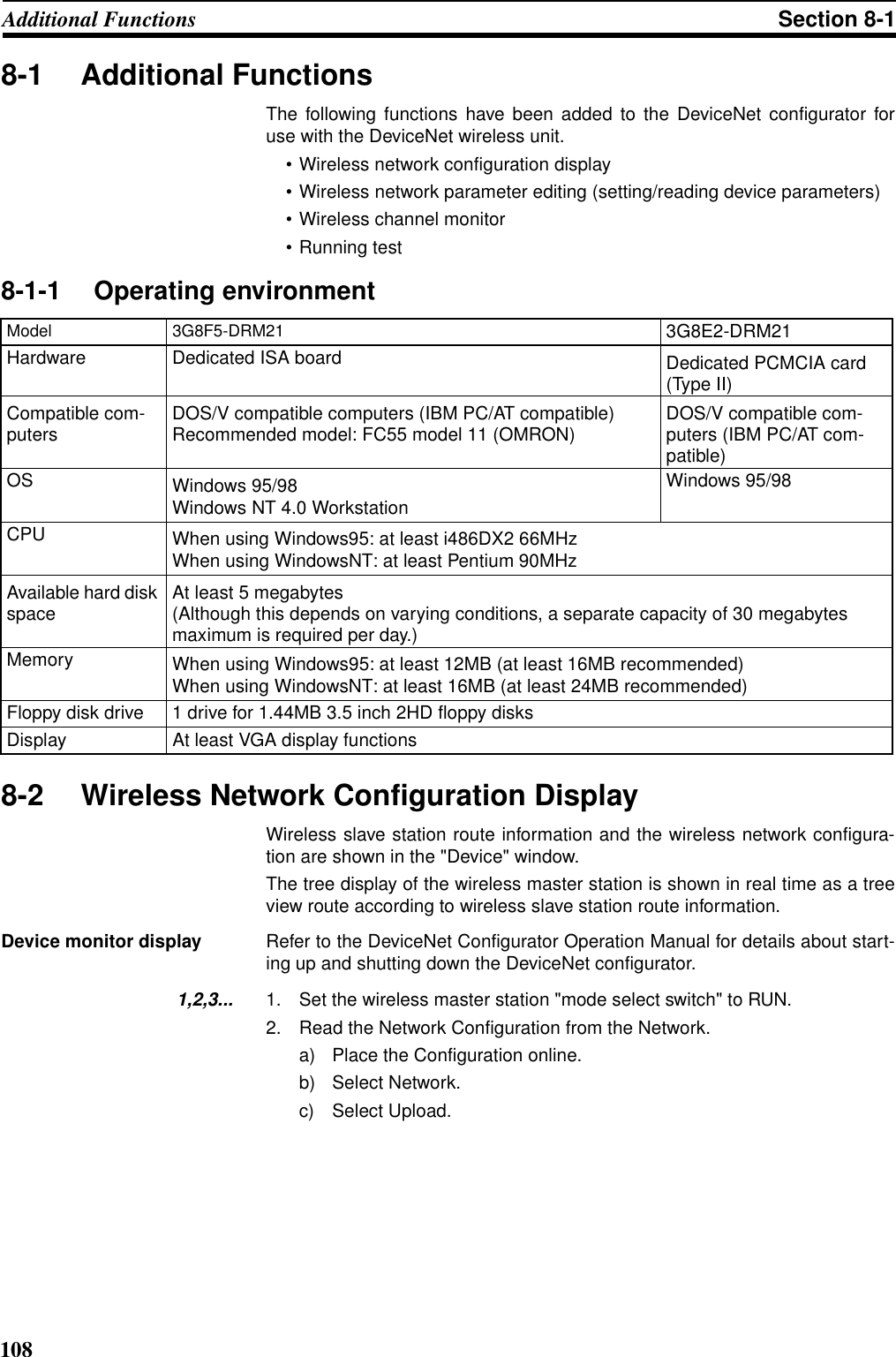 108Additional Functions Section 8-18-1 Additional FunctionsThe following functions have been added to the DeviceNet configurator foruse with the DeviceNet wireless unit.• Wireless network configuration display• Wireless network parameter editing (setting/reading device parameters)• Wireless channel monitor• Running test8-1-1 Operating environment8-2 Wireless Network Configuration DisplayWireless slave station route information and the wireless network configura-tion are shown in the &quot;Device&quot; window.The tree display of the wireless master station is shown in real time as a treeview route according to wireless slave station route information.Device monitor display Refer to the DeviceNet Configurator Operation Manual for details about start-ing up and shutting down the DeviceNet configurator.1,2,3... 1. Set the wireless master station &quot;mode select switch&quot; to RUN.2. Read the Network Configuration from the Network.a) Place the Configuration online.b) Select Network.c) Select Upload.Model 3G8F5-DRM21 3G8E2-DRM21Hardware Dedicated ISA board Dedicated PCMCIA card (Type II)Compatible com-puters DOS/V compatible computers (IBM PC/AT compatible) Recommended model: FC55 model 11 (OMRON) DOS/V compatible com-puters (IBM PC/AT com-patible)OS Windows 95/98Windows NT 4.0 WorkstationWindows 95/98CPU When using Windows95: at least i486DX2 66MHzWhen using WindowsNT: at least Pentium 90MHzAvailable hard disk space At least 5 megabytes(Although this depends on varying conditions, a separate capacity of 30 megabytes maximum is required per day.)Memory When using Windows95: at least 12MB (at least 16MB recommended)When using WindowsNT: at least 16MB (at least 24MB recommended)Floppy disk drive 1 drive for 1.44MB 3.5 inch 2HD floppy disksDisplay At least VGA display functions