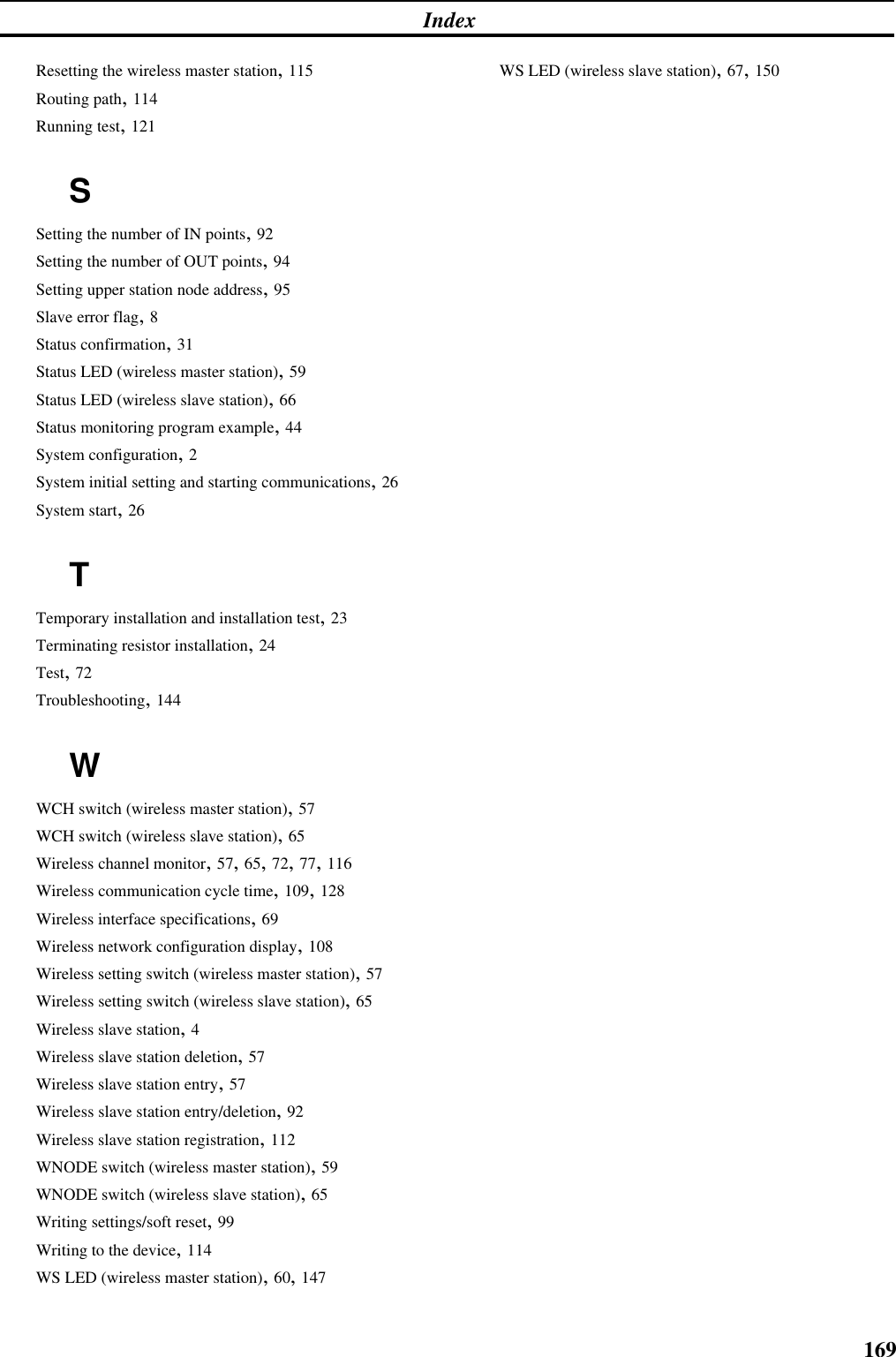 Index169Resetting the wireless master station, 115Routing path, 114Running test, 121SSetting the number of IN points, 92Setting the number of OUT points, 94Setting upper station node address, 95Slave error flag, 8Status confirmation, 31Status LED (wireless master station), 59Status LED (wireless slave station), 66Status monitoring program example, 44System configuration, 2System initial setting and starting communications, 26System start, 26TTemporary installation and installation test, 23Terminating resistor installation, 24Test, 72Troubleshooting, 144WWCH switch (wireless master station), 57WCH switch (wireless slave station), 65Wireless channel monitor, 57, 65, 72, 77, 116Wireless communication cycle time, 109, 128Wireless interface specifications, 69Wireless network configuration display, 108Wireless setting switch (wireless master station), 57Wireless setting switch (wireless slave station), 65Wireless slave station, 4Wireless slave station deletion, 57Wireless slave station entry, 57Wireless slave station entry/deletion, 92Wireless slave station registration, 112WNODE switch (wireless master station), 59WNODE switch (wireless slave station), 65Writing settings/soft reset, 99Writing to the device, 114WS LED (wireless master station), 60, 147WS LED (wireless slave station), 67, 150