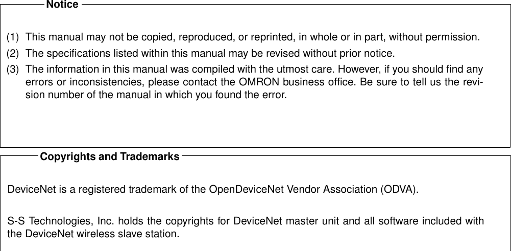 Copyrights and TrademarksDeviceNet is a registered trademark of the OpenDeviceNet Vendor Association (ODVA).S-S Technologies, Inc. holds the copyrights for DeviceNet master unit and all software included withthe DeviceNet wireless slave station.Notice(1) This manual may not be copied, reproduced, or reprinted, in whole or in part, without permission.(2) The specifications listed within this manual may be revised without prior notice.(3) The information in this manual was compiled with the utmost care. However, if you should find anyerrors or inconsistencies, please contact the OMRON business office. Be sure to tell us the revi-sion number of the manual in which you found the error.