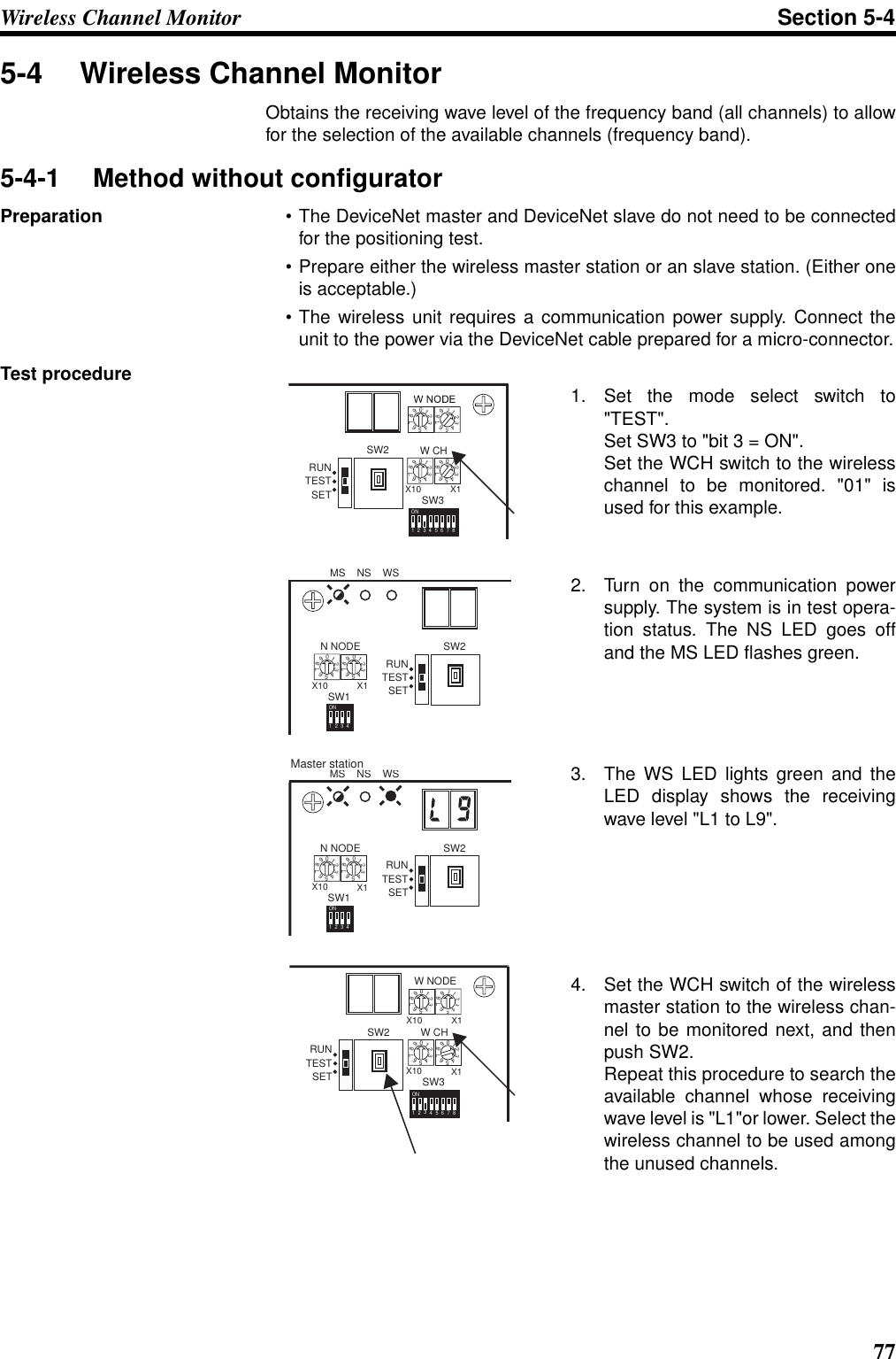 77Wireless Channel Monitor Section 5-45-4 Wireless Channel MonitorObtains the receiving wave level of the frequency band (all channels) to allowfor the selection of the available channels (frequency band).5-4-1 Method without configuratorPreparation • The DeviceNet master and DeviceNet slave do not need to be connectedfor the positioning test.• Prepare either the wireless master station or an slave station. (Either oneis acceptable.)• The wireless unit requires a communication power supply. Connect theunit to the power via the DeviceNet cable prepared for a micro-connector.Test procedure 1. Set the mode select switch to&quot;TEST&quot;. Set SW3 to &quot;bit 3 = ON&quot;. Set the WCH switch to the wirelesschannel to be monitored. &quot;01&quot; isused for this example.2. Turn on the communication powersupply. The system is in test opera-tion status. The NS LED goes offand the MS LED flashes green.3. The WS LED lights green and theLED display shows the receivingwave level &quot;L1 to L9&quot;.4. Set the WCH switch of the wirelessmaster station to the wireless chan-nel to be monitored next, and thenpush SW2. Repeat this procedure to search theavailable channel whose receivingwave level is &quot;L1&quot;or lower. Select thewireless channel to be used amongthe unused channels.12345678ONSW3SW2SETTESTRUN01234567890123456789W CH01234567890123456789X10 X1MS    NS    WSN NODE01234567890123456789X10 X11234ONSW1SW2SETTESTRUNMS    NS    WSN NODE01234567890123456789X10 X11234ONSW1SW2SETTESTRUNMaster stationW CH01234567890123456789X10 X112345678ONSW3SETTESTRUNSW2W NODE01234567890123456789X10X1