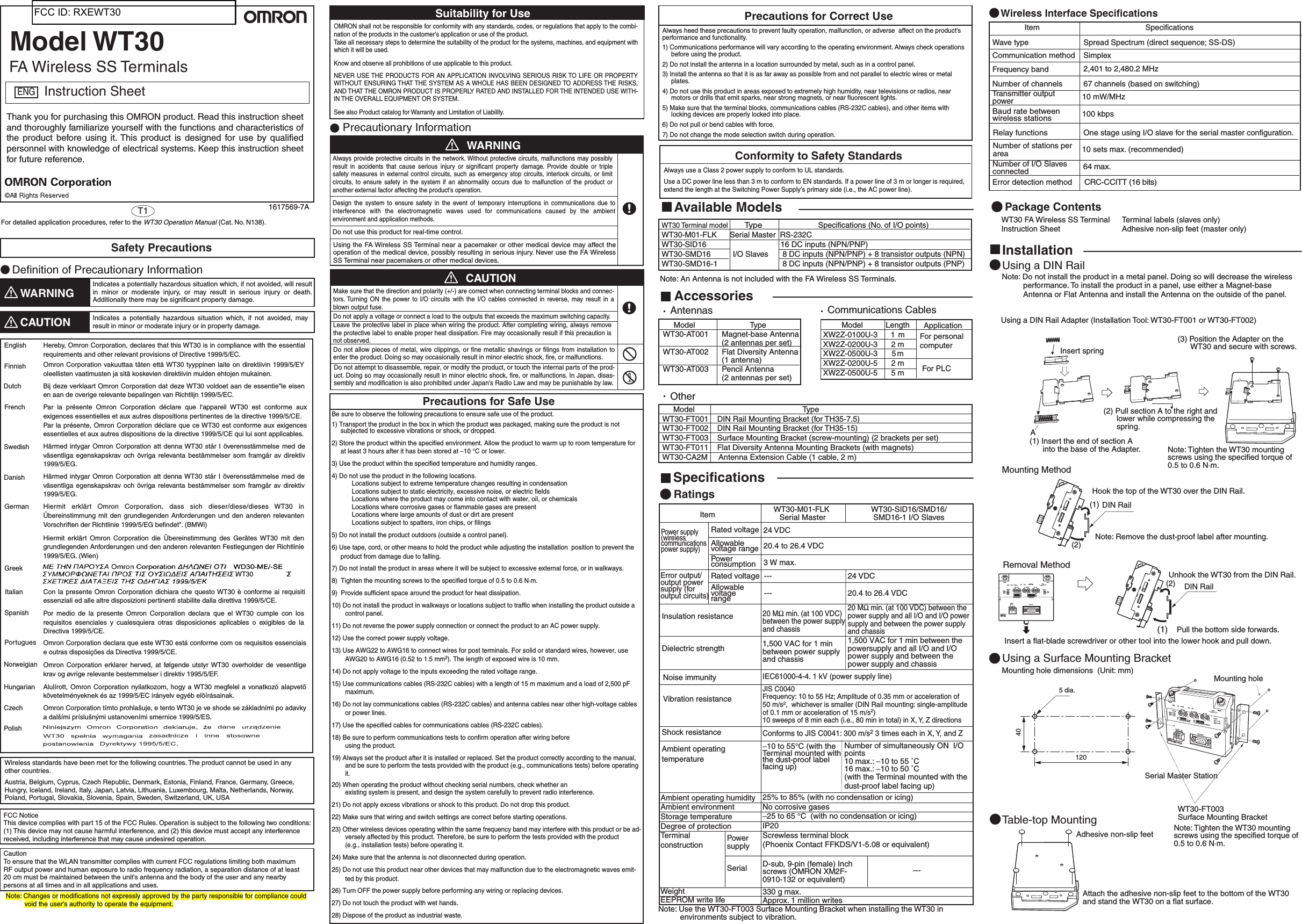 A123 4 5 6 7 8 9 0 123 4 5 6 7 8ONONFUNCTIONRS-232C MODEMAIN SUBPWRMODERUNTESTSETERR COMMUNIT No.MS WSW   NODE W   CHENTERRSSIMCAONONOFFON19 21121x10 x1 x10 x1 x10 x124VDCRS-232C012345678901234567890123456789012345678901234567890123456789WT30(1)(1)(2)5 dia.40120(2)Insert spring(3) Position the Adapter on the        WT30 and secure with screws.(2) Pull section A to the right and        lower while compressing the        spring.(1) Insert the end of section A        into the base of the Adapter.DIN RailHook the top of the WT30 over the DIN Rail.Mounting MethodNote: Remove the dust-proof label after mounting.DIN RailUnhook the WT30 from the DIN Rail.Insert a flat-blade screwdriver or other tool into the lower hook and pull down.Pull the bottom side forwards.Removal MethodAttach the adhesive non-slip feet to the bottom of the WT30  and stand the WT30 on a flat surface.Adhesive non-slip feetTable-top Mounting WT30-FT003  Surface Mounting BracketWT30-M01-FLK ANT1ANT2Mounting holeSerial Master StationNote: Tighten the WT30 mounting screws using the specified torque of  0.5 to 0.6 N·m.  Note: Tighten the WT30 mounting screws using the specified torque of  0.5 to 0.6 N·m. Note: Do not install the product in a metal panel. Doing so will decrease the wireless performance. To install the product in a panel, use either a Magnet-base  Antenna or Flat Antenna and install the Antenna on the outside of the panel. Using a DIN Rail Adapter (Installation Tool: WT30-FT001 or WT30-FT002)Mounting hole dimensions  (Unit: mm)Using a Surface Mounting BracketWT30 Terminal model        Type                 Specifications (No. of I/O points)WT30-M01-FLK       Serial Master  RS-232C WT30-SID16                                   16 DC inputs (NPN/PNP)WT30-SMD16 I/O Slaves  8 DC inputs (NPN/PNP) + 8 transistor outputs (NPN)WT30-SMD16-1    8 DC inputs (NPN/PNP) + 8 transistor outputs (PNP)Note: An Antenna is not included with the FA Wireless SS Terminals. Available Models     Model               TypeWT30-AT001 Magnet-base Antenna                            (2 antennas per set)WT30-AT002  Flat Diversity Antenna                            (1 antenna)WT30-AT003 Pencil Antenna                            (2 antennas per set) Model  TypeWT30-FT001    DIN Rail Mounting Bracket (for TH35-7.5)WT30-FT002    DIN Rail Mounting Bracket (for TH35-15)WT30-FT003    Surface Mounting Bracket (screw-mounting) (2 brackets per set)WT30-FT011    Flat Diversity Antenna Mounting Brackets (with magnets)WT30-CA2M     Antenna Extension Cable (1 cable, 2 m) Model  LengthXW2Z-0100U-3 1  mXW2Z-0200U-3 2  mXW2Z-0500U-3 5 mXW2Z-0200U-5 2  mXW2Z-0500U-5 5  mAccessoriesAntennas  Communications CablesOtherSpecificationsRatingsItem WT30-M01-FLK Serial MasterPower supply (wireless communications power supply)20 MΩ min. (at 100 VDC) between the  power supply and all I/O and I/O power supply and between the power supply  and chassisDielectric strengthPower supplyWT30-SID16/SMD16/SMD16-1 I/O Slaves20.4 to 26.4 VDC25% to 85% (with no condensation or icing)No corrosive gases−25 to 65 °C  (with no condensation or icing)IP20Screwless terminal block (Phoenix Contact FFKDS/V1-5.08 or equivalent)D-sub, 9-pin (female) Inch screws (OMRON XM2F- 0910-132 or equivalent)Ambient operating humidityAmbient environmentStorage temperatureDegree of protectionTerminal  constructionRated voltageAllowable voltage range24 VDC20.4 to 26.4 VDCPower consumptionError output/ output power supply (for  output circuits)Rated voltage 24 VDCAllowable voltage range------20 MΩ min. (at 100 VDC)  between the power supply  and chassis1,500 VAC for 1 min between the  powersupply and all I/O and I/O  power supply and between the  power supply and chassis1,500 VAC for 1 min  between power supply and chassis---−10 to 55°C (with the Terminal mounted with the dust-proof label facing up)3 W max.Wireless Interface SpecificationsOne stage using I/O slave for the serial master configuration.100 kbps         64 max.Number of I/O Slaves connectedWT30 FA Wireless SS TerminalInstruction SheetPackage ContentsTerminal labels (slaves only)Adhesive non-slip feet (master only)InstallationUsing a DIN RailAmbient operating temperatureConforms to JIS C0041: 300 m/s2 3 times each in X, Y, and Z Shock resistanceVibration resistanceJIS C0040Frequency: 10 to 55 Hz; Amplitude of 0.35 mm or acceleration of  50 m/s2,  whichever is smaller (DIN Rail mounting: single-amplitude of 0.1 mm or acceleration of 15 m/s2) 10 sweeps of 8 min each (i.e., 80 min in total) in X, Y, Z directionsInsulation resistanceSerial330 g max.10 mW/MHz10 sets max. (recommended)Number of stations per  areaRelay functionsBaud rate between  wireless stationsWeightConformity to Safety StandardsAlways use a Class 2 power supply to conform to UL standards.  CRC-CCITT (16 bits)Error detection methodIEC61000-4-4. 1 kV (power supply line) Specifications ItemWave type Spread Spectrum (direct sequence; SS-DS) SimplexCommunication method    2,401 to 2,480.2 MHz67 channels (based on switching)Frequency band Number of channelsTransmitter output powerNumber of simultaneously ON  I/O points 10 max.: −10 to 55 ˚C 16 max.: −10 to 50 ˚C (with the Terminal mounted with the dust-proof label facing up) ApplicationFor personal  computerFor PLCNote: Use the WT30-FT003 Surface Mounting Bracket when installing the WT30 in            environments subject to vibration. Precautions for Safe UseBe sure to observe the following precautions to ensure safe use of the product.1) Transport the product in the box in which the product was packaged, making sure the product is not subjected to excessive vibrations or shock, or dropped.2) Store the product within the specified environment. Allow the product to warm up to room temperature for at least 3 hours after it has been stored at −10 °C or lower.3) Use the product within the specified temperature and humidity ranges.4) Do not use the product in the following locations.Locations subject to extreme temperature changes resulting in condensationLocations subject to static electricity, excessive noise, or electric fieldsLocations where the product may come into contact with water, oil, or chemicalsLocations where corrosive gases or flammable gases are presentLocations where large amounts of dust or dirt are presentLocations subject to spatters, iron chips, or filings5) Do not install the product outdoors (outside a control panel).6) Use tape, cord, or other means to hold the product while adjusting the installation  position to prevent the product from damage due to falling.7) Do not install the product in areas where it will be subject to excessive external force, or in walkways.8)  Tighten the mounting screws to the specified torque of 0.5 to 0.6 N·m.9)  Provide sufficient space around the product for heat dissipation.10) Do not install the product in walkways or locations subject to traffic when installing the product outside a control panel.11) Do not reverse the power supply connection or connect the product to an AC power supply.12) Use the correct power supply voltage.13) Use AWG22 to AWG16 to connect wires for post terminals. For solid or standard wires, however, use AWG20 to AWG16 (0.52 to 1.5 mm2). The length of exposed wire is 10 mm.14) Do not apply voltage to the inputs exceeding the rated voltage range.15) Use communications cables (RS-232C cables) with a length of 15 m maximum and a load of 2,500 pF maximum.16) Do not lay communications cables (RS-232C cables) and antenna cables near other high-voltage cables or power lines.17) Use the specified cables for communications cables (RS-232C cables).18) Be sure to perform communications tests to confirm operation after wiring before  using the product.19) Always set the product after it is installed or replaced. Set the product correctly according to the manual, and be sure to perform the tests provided with the product (e.g., communications tests) before operating it.20) When operating the product without checking serial numbers, check whether an  existing system is present, and design the system carefully to prevent radio interference.21) Do not apply excess vibrations or shock to this product. Do not drop this product.22) Make sure that wiring and switch settings are correct before starting operations.23) Other wireless devices operating within the same frequency band may interfere with this product or be ad-versely affected by this product. Therefore, be sure to perform the tests provided with the product  (e.g., installation tests) before operating it.24) Make sure that the antenna is not disconnected during operation.25) Do not use this product near other devices that may malfunction due to the electromagnetic waves emit-ted by this product.26) Turn OFF the power supply before performing any wiring or replacing devices.27) Do not touch the product with wet hands.28) Dispose of the product as industrial waste.Precautions for Correct UseAlways heed these precautions to prevent faulty operation, malfunction, or adverse  affect on the product&apos;s performance and functionality.1) Communications performance will vary according to the operating environment. Always check operations before using the product.2) Do not install the antenna in a location surrounded by metal, such as in a control panel.3) Install the antenna so that it is as far away as possible from and not parallel to electric wires or metal plates.4) Do not use this product in areas exposed to extremely high humidity, near televisions or radios, near motors or drills that emit sparks, near strong magnets, or near fluorescent lights.5) Make sure that the terminal blocks, communications cables (RS-232C cables), and other items with locking devices are properly locked into place.6) Do not pull or bend cables with force.7) Do not change the mode selection switch during operation.Safety PrecautionsDefinition of Precautionary InformationWARNINGIndicates a potentially hazardous situation which, if not avoided, will result in minor or moderate injury, or may result in serious injury or death. Additionally there may be significant property damage.CAUTION Indicates a potentially hazardous situation which, if not avoided, may result in minor or moderate injury or in property damage.Precautionary InformationWARNINGUsing the FA Wireless SS Terminal near a pacemaker or other medical device may affect the operation of the medical device, possibly resulting in serious injury. Never use the FA Wireless SS Terminal near pacemakers or other medical devices. Do not use this product for real-time control.Design the system to ensure safety in the event of temporary interruptions in communications due to interference with the electromagnetic waves used for communications caused by the ambient environment and application methods.Always provide protective circuits in the network. Without protective circuits, malfunctions may possibly result in accidents that cause serious injury or significant property damage. Provide double or triple safety measures in external control circuits, such as emergency stop circuits, interlock circuits, or limit circuits, to ensure safety in the system if an abnormality occurs due to malfunction of the product or another external factor affecting the product&apos;s operation.CAUTIONMake sure that the direction and polarity (+/-) are correct when connecting terminal blocks and connec-tors. Turning ON the power to I/O circuits with the I/O cables connected in reverse, may result in a blown output fuse.Do not apply a voltage or connect a load to the outputs that exceeds the maximum switching capacity.Do not allow pieces of metal, wire clippings, or fine metallic shavings or filings from installation to enter the product. Doing so may occasionally result in minor electric shock, fire, or malfunctions.Do not attempt to disassemble, repair, or modify the product, or touch the internal parts of the prod-uct. Doing so may occasionally result in minor electric shock, fire, or malfunctions. In Japan, disas-sembly and modification is also prohibited under Japan&apos;s Radio Law and may be punishable by law.English Hereby, Omron Corporation, declares that this WT30 is in compliance with the essential requirements and other relevant provisions of Directive 1999/5/EC.Finnish Omron Corporation vakuuttaa täten että WT30 tyyppinen laite on direktiivin 1999/5/EY oleellisten vaatimusten ja sitä koskevien direktiivin muiden ehtojen mukainen.Dutch Bij deze verklaart Omron Corporation dat deze WT30 voldoet aan de essentie&quot;le eisen en aan de overige relevante bepalingen van Richtlijn 1999/5/EC.French Par la présente Omron Corporation déclare que l&apos;appareil WT30 est conforme aux exigences essentielles et aux autres dispositions pertinentes de la directive 1999/5/CE.Par la présente, Omron Corporation déclare que ce WT30 est conforme aux exigences essentielles et aux autres dispositions de la directive 1999/5/CE qui lui sont applicables.Swedish Härmed intygar Omron Corporation att denna WT30 står I överensstämmelse med de väsentliga egenskapskrav och övriga relevanta bestämmelser som framgår av direktiv 1999/5/EG.Danish Härmed intygar Omron Corporation att denna WT30 står I överensstämmelse med de väsentliga egenskapskrav och övriga relevanta bestämmelser som framgår av direktiv 1999/5/EG.Hiermit erklärt Omron Corporation, dass sich dieser/diese/dieses WT30 in Übereinstimmung mit den grundlegenden Anforderungen und den anderen relevanten Vorschriften der Richtlinie 1999/5/EG befindet&quot;. (BMWi) Hiermit erklärt Omron Corporation die Übereinstimmung des Gerätes WT30 mit den grundlegenden Anforderungen und den anderen relevanten Festlegungen der Richtlinie 1999/5/EG. (Wien)GermanSuitability for UseOMRON shall not be responsible for conformity with any standards, codes, or regulations that apply to the combi-nation of the products in the customer&apos;s application or use of the product.Take all necessary steps to determine the suitability of the product for the systems, machines, and equipment with which it will be used. Know and observe all prohibitions of use applicable to this product.NEVER USE THE PRODUCTS FOR AN APPLICATION INVOLVING SERIOUS RISK TO LIFE OR PROPERTY WITHOUT ENSURING THAT THE SYSTEM AS A WHOLE HAS BEEN DESIGNED TO ADDRESS THE RISKS, AND THAT THE OMRON PRODUCT IS PROPERLY RATED AND INSTALLED FOR THE INTENDED USE WITH-IN THE OVERALL EQUIPMENT OR SYSTEM.  See also Product catalog for Warranty and Limitation of Liability.GreekItalian Con la presente Omron Corporation dichiara che questo WT30 è conforme ai requisiti essenziali ed alle altre disposizioni pertinenti stabilite dalla direttiva 1999/5/CE.Por medio de la presente Omron Corporation declara que el WT30 cumple con los requisitos esenciales y cualesquiera otras disposiciones aplicables o exigibles de la Directiva 1999/5/CE.SpanishOmron Corporation declara que este WT30 está conforme com os requisitos essenciais e outras disposições da Directiva 1999/5/CE.PortuguesOmron Corporation erklarer herved, at følgende utstyr WT30 overholder de vesentlige krav og øvrige relevante bestemmelser i direktiv 1995/5/EF.NorweigianAlulírott, Omron Corporation nyilatkozom, hogy a WT30 megfelel a vonatkozó alapvetõ követelményeknek és az 1999/5/EC irányelv egyéb elõírásainak.HungarianOmron Corporation tímto prohlašuje, e tento WT30 je ve shode se základními po adavky a dalšími príslušnými ustanoveními smernice 1999/5/ES.CzechPolish1617569-7AT1FA Wireless SS TerminalsModel WT30ENG Instruction SheetThank you for purchasing this OMRON product. Read this instruction sheet and thoroughly familiarize yourself with the functions and characteristics of the product before using it. This product is designed for use by qualified personnel with knowledge of electrical systems. Keep this instruction sheet for future reference.For detailed application procedures, refer to the WT30 Operation Manual (Cat. No. N138).Noise immunityUse a DC power line less than 3 m to conform to EN standards. If a power line of 3 m or longer is required, extend the length at the Switching Power Supply’s primary side (i.e., the AC power line).Approx. 1 million writesEEPROM write lifeLeave the protective label in place when wiring the product. After completing wiring, always remove the protective label to enable proper heat dissipation. Fire may occasionally result if this precaution is not observed.WT30Wireless standards have been met for the following countries. The product cannot be used in any other countries.Austria, Belgium, Cyprus, Czech Republic, Denmark, Estonia, Finland, France, Germany, Greece, Hungry, Iceland, Ireland, Italy, Japan, Latvia, Lithuania, Luxembourg, Malta, Netherlands, Norway, Poland, Portugal, Slovakia, Slovenia, Spain, Sweden, Switzerland, UK, USAFCC Notice This device complies with part 15 of the FCC Rules. Operation is subject to the following two conditions: (1) This device may not cause harmful interference, and (2) this device must accept any interference received, including interference that may cause undesired operation.Caution To ensure that the WLAN transmitter complies with current FCC regulations limiting both maximum RF output power and human exposure to radio frequency radiation, a separation distance of at least  20 cm must be maintained between the unit&apos;s antenna and the body of the user and any nearby persons at all times and in all applications and uses.Note: Changes or modifications not expressly approved by the party responsible for compliance could          void the user&apos;s authority to operate the equipment.FCC ID: RXEWT30