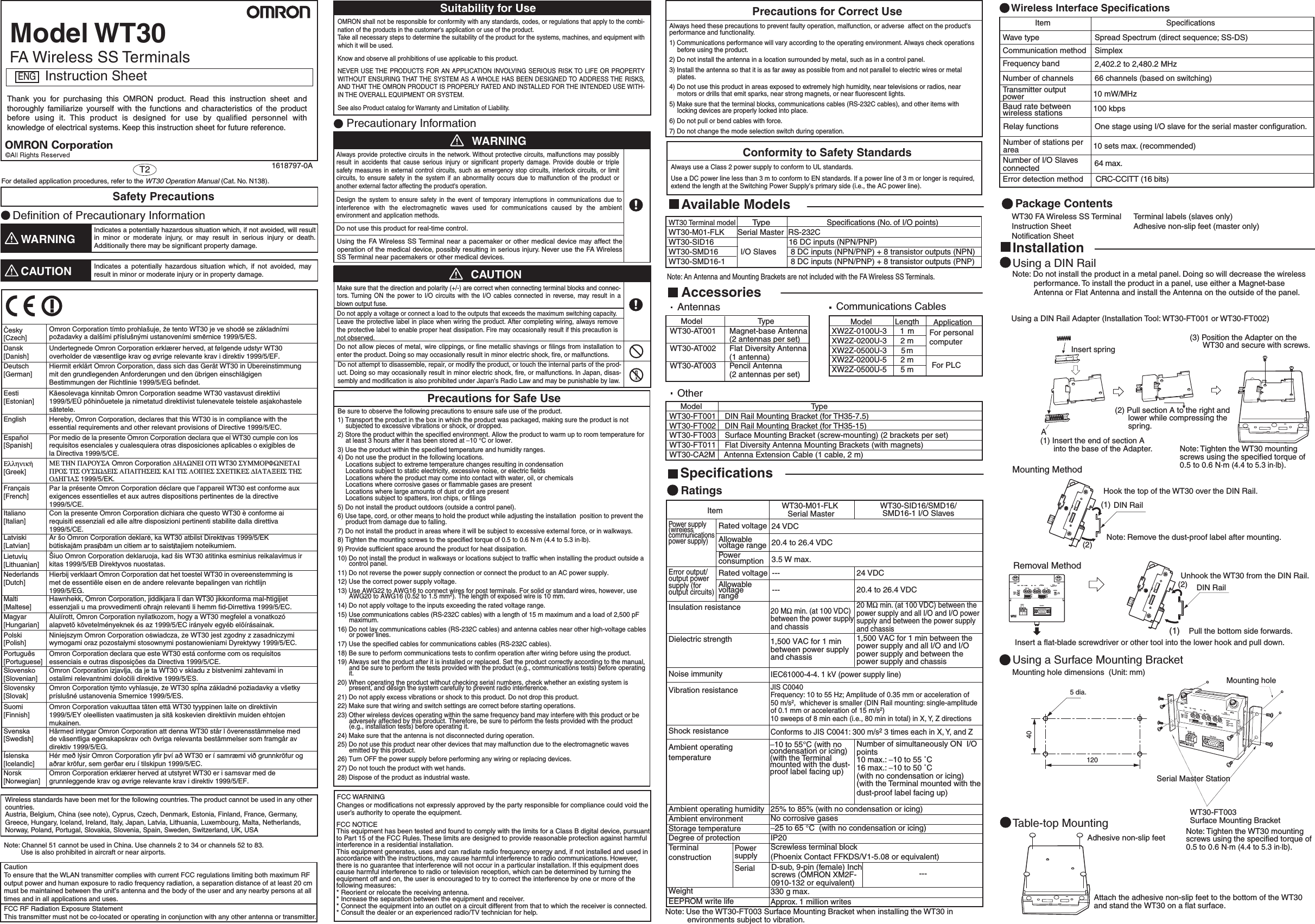 A123 4 5 6 7 8 9 0 123 4 5 6 7 8ONONFUNCTIONRS-232C MODEMAIN SUBPWRMODERUNTESTSETERR COMMUNIT No.MS WSW   NODE W   CHENTERRSSIMCAONONOFFON19 21121x10 x1 x10 x1 x10 x124VDCRS-232C012345678901234567890123456789012345678901234567890123456789WT30(1)(1)(2)5 dia.40120(2)Insert spring(3) Position the Adapter on the        WT30 and secure with screws.(2) Pull section A to the right and        lower while compressing the        spring.(1) Insert the end of section A        into the base of the Adapter.DIN RailHook the top of the WT30 over the DIN Rail.Mounting MethodNote: Remove the dust-proof label after mounting.DIN RailUnhook the WT30 from the DIN Rail.Insert a flat-blade screwdriver or other tool into the lower hook and pull down.Pull the bottom side forwards.Removal MethodAttach the adhesive non-slip feet to the bottom of the WT30  and stand the WT30 on a flat surface.Adhesive non-slip feetTable-top Mounting WT30-FT003  Surface Mounting BracketWT30-M01-FLK ANT1ANT2Mounting holeSerial Master StationNote: Tighten the WT30 mounting screws using the specified torque of  0.5 to 0.6 N·m (4.4 to 5.3 in·lb).  Note: Tighten the WT30 mounting screws using the specified torque of  0.5 to 0.6 N·m (4.4 to 5.3 in·lb). Note: Do not install the product in a metal panel. Doing so will decrease the wireless performance. To install the product in a panel, use either a Magnet-base  Antenna or Flat Antenna and install the Antenna on the outside of the panel. Using a DIN Rail Adapter (Installation Tool: WT30-FT001 or WT30-FT002)Mounting hole dimensions  (Unit: mm)Using a Surface Mounting BracketWT30 Terminal model        Type                 Specifications (No. of I/O points)WT30-M01-FLK       Serial Master  RS-232C WT30-SID16                                   16 DC inputs (NPN/PNP)WT30-SMD16 I/O Slaves  8 DC inputs (NPN/PNP) + 8 transistor outputs (NPN)WT30-SMD16-1    8 DC inputs (NPN/PNP) + 8 transistor outputs (PNP)Note: An Antenna and Mounting Brackets are not included with the FA Wireless SS Terminals. Available Models     Model               TypeWT30-AT001 Magnet-base Antenna                            (2 antennas per set)WT30-AT002  Flat Diversity Antenna                            (1 antenna)WT30-AT003 Pencil Antenna                            (2 antennas per set) Model  TypeWT30-FT001    DIN Rail Mounting Bracket (for TH35-7.5)WT30-FT002    DIN Rail Mounting Bracket (for TH35-15)WT30-FT003    Surface Mounting Bracket (screw-mounting) (2 brackets per set)WT30-FT011    Flat Diversity Antenna Mounting Brackets (with magnets)WT30-CA2M    Antenna Extension Cable (1 cable, 2 m) Model  LengthXW2Z-0100U-3 1  mXW2Z-0200U-3 2  mXW2Z-0500U-3 5 mXW2Z-0200U-5 2  mXW2Z-0500U-5 5  mAccessoriesAntennas  Communications CablesOtherSpecificationsRatingsItem WT30-M01-FLK Serial MasterPower supply (wireless communications power supply)20 MΩ min. (at 100 VDC) between the  power supply and all I/O and I/O power supply and between the power supply  and chassisDielectric strengthPower supplyWT30-SID16/SMD16/SMD16-1 I/O Slaves20.4 to 26.4 VDC25% to 85% (with no condensation or icing)No corrosive gases −25 to 65 °C  (with no condensation or icing)IP20Screwless terminal block (Phoenix Contact FFKDS/V1-5.08 or equivalent)Ambient operating humidityAmbient environmentStorage temperatureDegree of protectionTerminal  constructionRated voltageAllowable voltage range24 VDC20.4 to 26.4 VDCPower consumptionError output/ output power supply (for  output circuits)Rated voltage 24 VDCAllowable voltage range------20 MΩ min. (at 100 VDC)  between the power supply  and chassis1,500 VAC for 1 min between the  power supply and all I/O and I/O  power supply and between the  power supply and chassis1,500 VAC for 1 min  between power supply and chassis---−10 to 55°C (with no condensation or icing)(with the Terminal mounted with the dust-proof label facing up) 3.5 W max.Wireless Interface SpecificationsOne stage using I/O slave for the serial master configuration.100 kbps         64 max.Number of I/O Slaves connectedWT30 FA Wireless SS TerminalInstruction SheetNotification SheetPackage ContentsTerminal labels (slaves only)Adhesive non-slip feet (master only)InstallationUsing a DIN RailAmbient operating temperatureConforms to JIS C0041: 300 m/s2 3 times each in X, Y, and Z Shock resistanceVibration resistanceJIS C0040Frequency: 10 to 55 Hz; Amplitude of 0.35 mm or acceleration of  50 m/s2,  whichever is smaller (DIN Rail mounting: single-amplitude of 0.1 mm or acceleration of 15 m/s2) 10 sweeps of 8 min each (i.e., 80 min in total) in X, Y, Z directionsInsulation resistanceSerial330 g max.10 mW/MHz10 sets max. (recommended)Number of stations per  areaRelay functionsBaud rate between  wireless stationsWeightConformity to Safety StandardsAlways use a Class 2 power supply to conform to UL standards.  CRC-CCITT (16 bits)Error detection methodIEC61000-4-4. 1 kV (power supply line) Specifications ItemWave type Spread Spectrum (direct sequence; SS-DS) SimplexCommunication method    2,402.2 to 2,480.2 MHz66 channels (based on switching)Frequency band Number of channelsTransmitter output powerNumber of simultaneously ON  I/O points 10 max.: −10 to 55 ˚C 16 max.: −10 to 50 ˚C(with no condensation or icing) (with the Terminal mounted with the dust-proof label facing up) ApplicationFor personal  computerFor PLCNote: Use the WT30-FT003 Surface Mounting Bracket when installing the WT30 in            environments subject to vibration. Precautions for Correct UseAlways heed these precautions to prevent faulty operation, malfunction, or adverse  affect on the product&apos;s performance and functionality.1) Communications performance will vary according to the operating environment. Always check operations before using the product.2) Do not install the antenna in a location surrounded by metal, such as in a control panel.3) Install the antenna so that it is as far away as possible from and not parallel to electric wires or metal plates.4) Do not use this product in areas exposed to extremely high humidity, near televisions or radios, near motors or drills that emit sparks, near strong magnets, or near fluorescent lights.5) Make sure that the terminal blocks, communications cables (RS-232C cables), and other items with locking devices are properly locked into place.6) Do not pull or bend cables with force.7) Do not change the mode selection switch during operation.Safety PrecautionsDefinition of Precautionary InformationWARNINGIndicates a potentially hazardous situation which, if not avoided, will result in minor or moderate injury, or may result in serious injury or death. Additionally there may be significant property damage.CAUTION Indicates a potentially hazardous situation which, if not avoided, may result in minor or moderate injury or in property damage.Suitability for UseOMRON shall not be responsible for conformity with any standards, codes, or regulations that apply to the combi-nation of the products in the customer&apos;s application or use of the product.Take all necessary steps to determine the suitability of the product for the systems, machines, and equipment with which it will be used. Know and observe all prohibitions of use applicable to this product.NEVER USE THE PRODUCTS FOR AN APPLICATION INVOLVING SERIOUS RISK TO LIFE OR PROPERTY WITHOUT ENSURING THAT THE SYSTEM AS A WHOLE HAS BEEN DESIGNED TO ADDRESS THE RISKS, AND THAT THE OMRON PRODUCT IS PROPERLY RATED AND INSTALLED FOR THE INTENDED USE WITH-IN THE OVERALL EQUIPMENT OR SYSTEM.  See also Product catalog for Warranty and Limitation of Liability.1618797-0AT2FA Wireless SS TerminalsModel WT30ENG Instruction SheetThank you for purchasing this OMRON product. Read this instruction sheet and thoroughly familiarize yourself with the functions and characteristics of the product before using it. This product is designed for use by qualified personnel with knowledge of electrical systems. Keep this instruction sheet for future reference.For detailed application procedures, refer to the WT30 Operation Manual (Cat. No. N138).Noise immunityUse a DC power line less than 3 m to conform to EN standards. If a power line of 3 m or longer is required, extend the length at the Switching Power Supply’s primary side (i.e., the AC power line).Approx. 1 million writesEEPROM write lifeWireless standards have been met for the following countries. The product cannot be used in any othercountries.Austria, Belgium, China (see note), Cyprus, Czech, Denmark, Estonia, Finland, France, Germany,Greece, Hungary, Iceland, Ireland, Italy, Japan, Latvia, Lithuania, Luxembourg, Malta, Netherlands,Norway, Poland, Portugal, Slovakia, Slovenia, Spain, Sweden, Switzerland, UK, USANote: Channel 51 cannot be used in China. Use channels 2 to 34 or channels 52 to 83.         Use is also prohibited in aircraft or near airports.CautionTo ensure that the WLAN transmitter complies with current FCC regulations limiting both maximum RFoutput power and human exposure to radio frequency radiation, a separation distance of at least 20 cmmust be maintained between the unit&apos;s antenna and the body of the user and any nearby persons at alltimes and in all applications and uses.FCC RF Radiation Exposure StatementThis transmitter must not be co-located or operating in conjunction with any other antenna or transmitter.D-sub, 9-pin (female) Inch screws (OMRON XM2F- 0910-132 or equivalent)Precautions for Safe UsePrecautionary InformationWARNINGUsing the FA Wireless SS Terminal near a pacemaker or other medical device may affect the operation of the medical device, possibly resulting in serious injury. Never use the FA Wireless SS Terminal near pacemakers or other medical devices. Do not use this product for real-time control.Design the system to ensure safety in the event of temporary interruptions in communications due to interference with the electromagnetic waves used for communications caused by the ambient environment and application methods.Always provide protective circuits in the network. Without protective circuits, malfunctions may possibly result in accidents that cause serious injury or significant property damage. Provide double or triple safety measures in external control circuits, such as emergency stop circuits, interlock circuits, or limit circuits, to ensure safety in the system if an abnormality occurs due to malfunction of the product or another external factor affecting the product&apos;s operation.CAUTIONMake sure that the direction and polarity (+/-) are correct when connecting terminal blocks and connec-tors. Turning ON the power to I/O circuits with the I/O cables connected in reverse, may result in a blown output fuse.Do not apply a voltage or connect a load to the outputs that exceeds the maximum switching capacity.Do not allow pieces of metal, wire clippings, or fine metallic shavings or filings from installation to enter the product. Doing so may occasionally result in minor electric shock, fire, or malfunctions.Do not attempt to disassemble, repair, or modify the product, or touch the internal parts of the prod-uct. Doing so may occasionally result in minor electric shock, fire, or malfunctions. In Japan, disas-sembly and modification is also prohibited under Japan&apos;s Radio Law and may be punishable by law.Leave the protective label in place when wiring the product. After completing wiring, always remove the protective label to enable proper heat dissipation. Fire may occasionally result if this precaution is not observed.Be sure to observe the following precautions to ensure safe use of the product.1) Transport the product in the box in which the product was packaged, making sure the product is not subjected to excessive vibrations or shock, or dropped.2) Store the product within the specified environment. Allow the product to warm up to room temperature for at least 3 hours after it has been stored at −10 °C or lower.3) Use the product within the specified temperature and humidity ranges.4) Do not use the product in the following locations. Locations subject to extreme temperature changes resulting in condensation Locations subject to static electricity, excessive noise, or electric fields Locations where the product may come into contact with water, oil, or chemicals Locations where corrosive gases or flammable gases are present Locations where large amounts of dust or dirt are present Locations subject to spatters, iron chips, or filings5) Do not install the product outdoors (outside a control panel).6) Use tape, cord, or other means to hold the product while adjusting the installation  position to prevent the product from damage due to falling.7) Do not install the product in areas where it will be subject to excessive external force, or in walkways.8) Tighten the mounting screws to the specified torque of 0.5 to 0.6 N·m (4.4 to 5.3 in·lb).9) Provide sufficient space around the product for heat dissipation.10) Do not install the product in walkways or locations subject to traffic when installing the product outside a control panel.11) Do not reverse the power supply connection or connect the product to an AC power supply.12) Use the correct power supply voltage.13) Use AWG22 to AWG16 to connect wires for post terminals. For solid or standard wires, however, use AWG20 to AWG16 (0.52 to 1.5 mm2). The length of exposed wire is 10 mm.14) Do not apply voltage to the inputs exceeding the rated voltage range.15) Use communications cables (RS-232C cables) with a length of 15 m maximum and a load of 2,500 pF maximum.16) Do not lay communications cables (RS-232C cables) and antenna cables near other high-voltage cables or power lines.17) Use the specified cables for communications cables (RS-232C cables).18) Be sure to perform communications tests to confirm operation after wiring before using the product.19) Always set the product after it is installed or replaced. Set the product correctly according to the manual, and be sure to perform the tests provided with the product (e.g., communications tests) before operating it.20) When operating the product without checking serial numbers, check whether an existing system is  present, and design the system carefully to prevent radio interference.21) Do not apply excess vibrations or shock to this product. Do not drop this product.22) Make sure that wiring and switch settings are correct before starting operations.23) Other wireless devices operating within the same frequency band may interfere with this product or be  adversely affected by this product. Therefore, be sure to perform the tests provided with the product  (e.g., installation tests) before operating it.24) Make sure that the antenna is not disconnected during operation.25) Do not use this product near other devices that may malfunction due to the electromagnetic waves  emitted by this product.26) Turn OFF the power supply before performing any wiring or replacing devices.27) Do not touch the product with wet hands.28) Dispose of the product as industrial waste.FCC WARNINGChanges or modifications not expressly approved by the party responsible for compliance could void theuser’s authority to operate the equipment.FCC NOTICEThis equipment has been tested and found to comply with the limits for a Class B digital device, pursuantto Part 15 of the FCC Rules. These limits are designed to provide reasonable protection against harmfulinterference in a residential installation.This equipment generates, uses and can radiate radio frequency energy and, if not installed and used inaccordance with the instructions, may cause harmful interference to radio communications. However,there is no guarantee that interference will not occur in a particular installation. If this equipment doescause harmful interference to radio or television reception, which can be determined by turning theequipment off and on, the user is encouraged to try to correct the interference by one or more of thefollowing measures:* Reorient or relocate the receiving antenna.* Increase the separation between the equipment and receiver.* Connect the equipment into an outlet on a circuit different from that to which the receiver is connected.* Consult the dealer or an experienced radio/TV technician for help.Dansk [Danish]Deutsch [German]Eesti [Estonian]EnglishEspañol [Spanish]        Français [French]Italiano [Italian]Latviski [Latvian]Nederlands [Dutch]Malti [Maltese]Magyar [Hungarian]Polski [Polish]Português [Portuguese]Slovensko [Slovenian]Slovensky [Slovak]Suomi [Finnish]Svenska [Swedish]Íslenska [Icelandic]Norsk [Norwegian]Undertegnede Omron Corporation erklærer herved, at følgende udstyr WT30 overholder de væsentlige krav og øvrige relevante krav i direktiv 1999/5/EF.Hiermit erklärt Omron Corporation, dass sich das Gerät WT30 in Übereinstimmung mit den grundlegenden Anforderungen und den übrigen einschlägigen Bestimmungen der Richtlinie 1999/5/EG befindet.Käesolevaga kinnitab Omron Corporation seadme WT30 vastavust direktiivi 1999/5/EÜ põhinõuetele ja nimetatud direktiivist tulenevatele teistele asjakohastele sätetele.Hereby, Omron Corporation, declares that this WT30 is in compliance with the essential requirements and other relevant provisions of Directive 1999/5/EC.Por medio de la presente Omron Corporation declara que el WT30 cumple con los requisitos esenciales y cualesquiera otras disposiciones aplicables o exigibles de la Directiva 1999/5/CE.Par la présente Omron Corporation déclare que l’appareil WT30 est conforme aux exigences essentielles et aux autres dispositions pertinentes de la directive 1999/5/CE.Con la presente Omron Corporation dichiara che questo WT30 è conforme ai requisiti essenziali ed alle altre disposizioni pertinenti stabilite dalla direttiva 1999/5/CE.Šiuo Omron Corporation deklaruoja, kad šis WT30 atitinka esminius reikalavimus ir kitas 1999/5/EB Direktyvos nuostatas.Hierbij verklaart Omron Corporation dat het toestel WT30 in overeenstemming is met de essentiële eisen en de andere relevante bepalingen van richtlijn 1999/5/EG.Alulírott, Omron Corporation nyilatkozom, hogy a WT30 megfelel a vonatkozó alapvetõ követelményeknek és az 1999/5/EC irányelv egyéb elõírásainak.Omron Corporation declara que este WT30 está conforme com os requisitos essenciais e outras disposições da Directiva 1999/5/CE.Omron Corporation vakuuttaa täten että WT30 tyyppinen laite on direktiivin 1999/5/EY oleellisten vaatimusten ja sitä koskevien direktiivin muiden ehtojen mukainen.Härmed intygar Omron Corporation att denna WT30 står l överensstämmelse med de väsentliga egenskapskrav och övriga relevanta bestämmelser som framgår av direktiv 1999/5/EG. Hér með lýsir Omron Corporation yfir því að WT30 er í samræmi við grunnkröfur og aðrar kröfur, sem gerðar eru í tilskipun 1999/5/EC.Omron Corporation erklærer herved at utstyret WT30 er i samsvar med de grunnleggende krav og øvrige relevante krav i direktiv 1999/5/EF.ΜΕ ΤΗΝ ΠΑΡΟΥΣΑ Omron Corporation ∆ΗΛΩΝΕΙ ΟΤΙ WT30 ΣΥΜΜΟΡΦΩΝΕΤΑΙ ΠΡΟΣ ΤΙΣ ΟΥΣΙΩ∆ΕΙΣ ΑΠΑΙΤΗΣΕΙΣ ΚΑΙ ΤΙΣ ΛΟΙΠΕΣ ΣΧΕΤΙΚΕΣ ∆ΙΑΤΑΞΕΙΣ ΤΗΣ Ο∆ΗΓΙΑΣ 1999/5/EK.Ελληνικη [Greek]Lietuviu [Lithuanian]Cesky [Czech]Omron Corporation tímto prohlašuje, ze tento WT30 je ve shode se základními pozadavky a dalšími príslušnými ustanoveními smernice 1999/5/ES.Ar šo Omron Corporation deklare, ka WT30 atbilst Direkt vas 1999/5/EK butiskajam pras bam un citiem ar to saist tajiem noteikumiem.Hawnhekk, Omron Corporation, jiddikjara li dan WT30 jikkonforma mal-htigijiet essenzjali u ma provvedimenti ohrajn relevanti li hemm fid-Dirrettiva 1999/5/EC.Niniejszym Omron Corporation oswiadcza, ze WT30 jest zgodny z zasadniczymi wymogami oraz pozostalymi stosownymi postanowieniami Dyrektywy 1999/5/EC.Omron Corporation izjavlja, da je ta WT30 v skladu z bistvenimi zahtevami in ostalimi relevantnimi dolocili direktive 1999/5/ES.Omron Corporation týmto vyhlasuje, ze WT30 splna základné poziadavky a všetky príslušné ustanovenia Smernice 1999/5/ES.