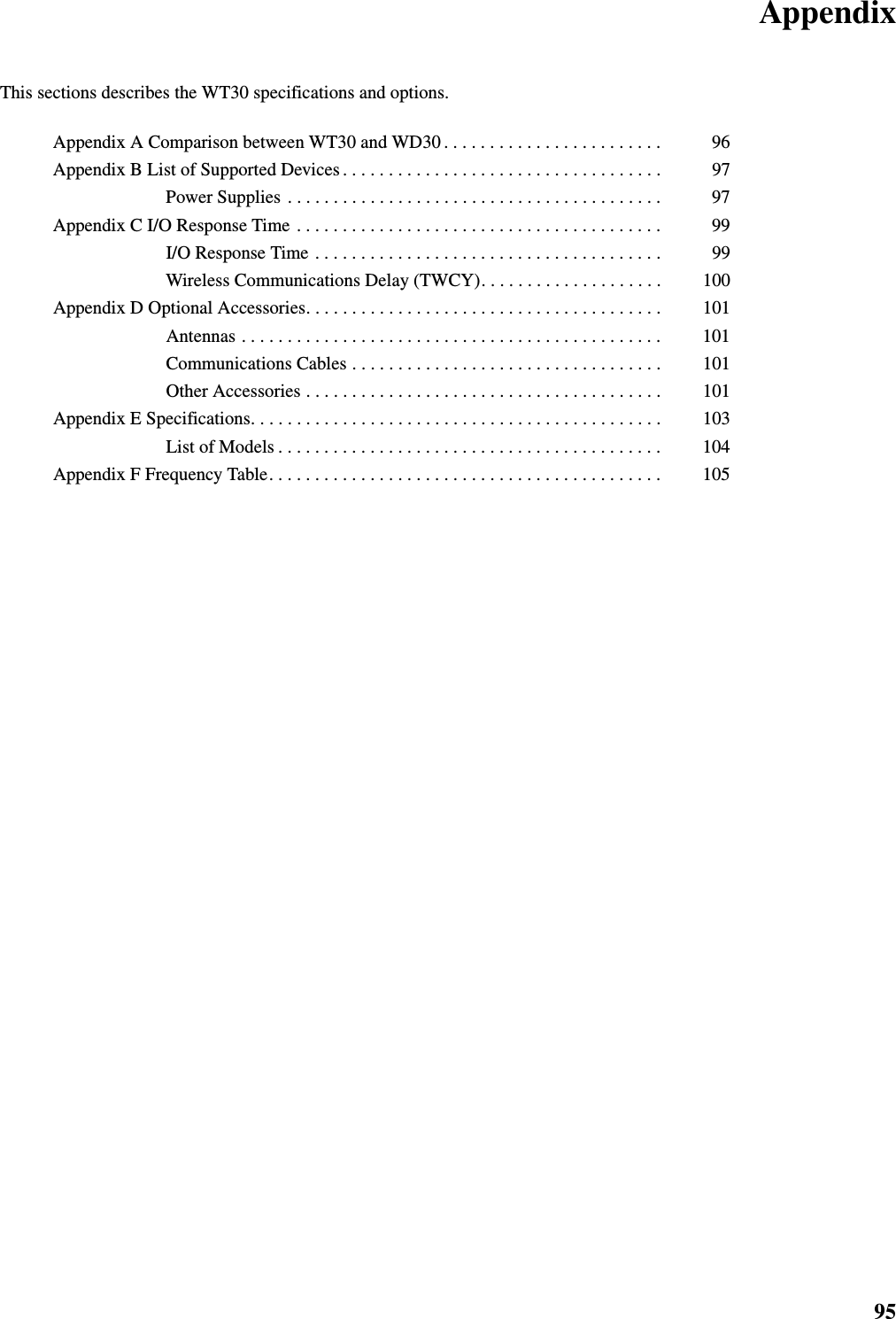 95AppendixThis sections describes the WT30 specifications and options.Appendix A Comparison between WT30 and WD30 . . . . . . . . . . . . . . . . . . . . . . . . 96Appendix B List of Supported Devices . . . . . . . . . . . . . . . . . . . . . . . . . . . . . . . . . . . 97  Power Supplies . . . . . . . . . . . . . . . . . . . . . . . . . . . . . . . . . . . . . . . . . 97Appendix C I/O Response Time  . . . . . . . . . . . . . . . . . . . . . . . . . . . . . . . . . . . . . . . . 99I/O Response Time . . . . . . . . . . . . . . . . . . . . . . . . . . . . . . . . . . . . . . 99  Wireless Communications Delay (TWCY). . . . . . . . . . . . . . . . . . . . 100Appendix D Optional Accessories. . . . . . . . . . . . . . . . . . . . . . . . . . . . . . . . . . . . . . . 101  Antennas . . . . . . . . . . . . . . . . . . . . . . . . . . . . . . . . . . . . . . . . . . . . . . 101  Communications Cables . . . . . . . . . . . . . . . . . . . . . . . . . . . . . . . . . . 101  Other Accessories . . . . . . . . . . . . . . . . . . . . . . . . . . . . . . . . . . . . . . . 101Appendix E Specifications. . . . . . . . . . . . . . . . . . . . . . . . . . . . . . . . . . . . . . . . . . . . . 103  List of Models . . . . . . . . . . . . . . . . . . . . . . . . . . . . . . . . . . . . . . . . . . 104Appendix F Frequency Table. . . . . . . . . . . . . . . . . . . . . . . . . . . . . . . . . . . . . . . . . . . 105