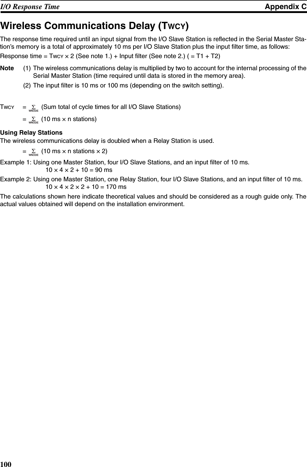 100I/O Response Time Appendix CWireless Communications Delay (TWCY)The response time required until an input signal from the I/O Slave Station is reflected in the Serial Master Sta-tion’s memory is a total of approximately 10 ms per I/O Slave Station plus the input filter time, as follows:Response time = TWCY × 2 (See note 1.) + Input filter (See note 2.) ( = T1 + T2)Note  (1) The wireless communications delay is multiplied by two to account for the internal processing of theSerial Master Station (time required until data is stored in the memory area).(2) The input filter is 10 ms or 100 ms (depending on the switch setting).TWCY  =   (Sum total of cycle times for all I/O Slave Stations)=   (10 ms × n stations) Using Relay StationsThe wireless communications delay is doubled when a Relay Station is used.=   (10 ms × n stations × 2) Example 1: Using one Master Station, four I/O Slave Stations, and an input filter of 10 ms.10 × 4 × 2 + 10 = 90 msExample 2: Using one Master Station, one Relay Station, four I/O Slave Stations, and an input filter of 10 ms.10 × 4 × 2 × 2 + 10 = 170 msThe calculations shown here indicate theoretical values and should be considered as a rough guide only. Theactual values obtained will depend on the installation environment.ΣWNODEΣWNODEΣWNODE