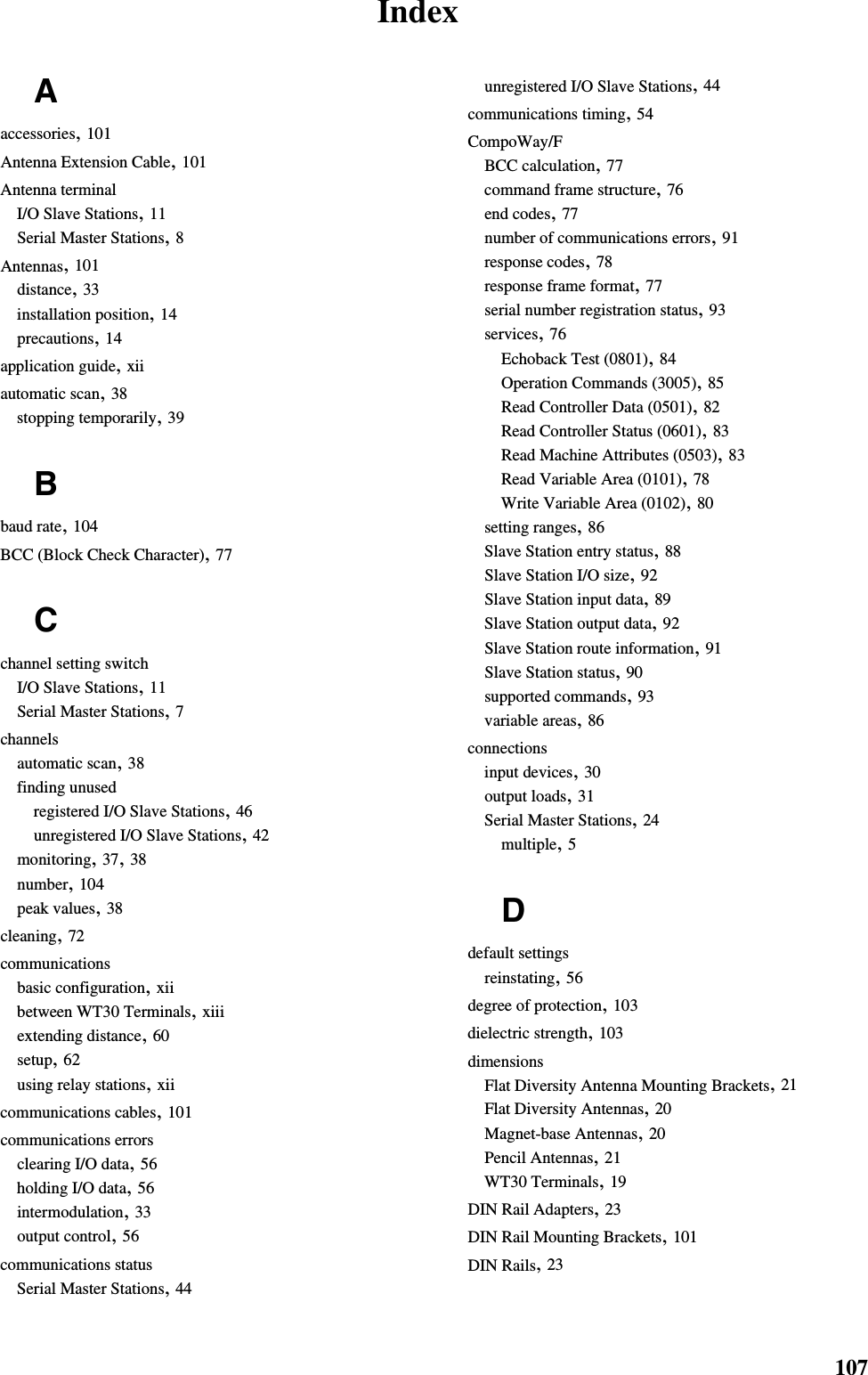 107IndexAaccessories, 101Antenna Extension Cable, 101Antenna terminalI/O Slave Stations, 11Serial Master Stations, 8Antennas, 101distance, 33installation position, 14precautions, 14application guide, xiiautomatic scan, 38stopping temporarily, 39Bbaud rate, 104BCC (Block Check Character), 77Cchannel setting switchI/O Slave Stations, 11Serial Master Stations, 7channelsautomatic scan, 38finding unusedregistered I/O Slave Stations, 46unregistered I/O Slave Stations, 42monitoring, 37, 38number, 104peak values, 38cleaning, 72communicationsbasic configuration, xiibetween WT30 Terminals, xiiiextending distance, 60setup, 62using relay stations, xiicommunications cables, 101communications errorsclearing I/O data, 56holding I/O data, 56intermodulation, 33output control, 56communications statusSerial Master Stations, 44unregistered I/O Slave Stations, 44communications timing, 54CompoWay/FBCC calculation, 77command frame structure, 76end codes, 77number of communications errors, 91response codes, 78response frame format, 77serial number registration status, 93services, 76Echoback Test (0801), 84Operation Commands (3005), 85Read Controller Data (0501), 82Read Controller Status (0601), 83Read Machine Attributes (0503), 83Read Variable Area (0101), 78Write Variable Area (0102), 80setting ranges, 86Slave Station entry status, 88Slave Station I/O size, 92Slave Station input data, 89Slave Station output data, 92Slave Station route information, 91Slave Station status, 90supported commands, 93variable areas, 86connectionsinput devices, 30output loads, 31Serial Master Stations, 24multiple, 5Ddefault settingsreinstating, 56degree of protection, 103dielectric strength, 103dimensionsFlat Diversity Antenna Mounting Brackets, 21Flat Diversity Antennas, 20Magnet-base Antennas, 20Pencil Antennas, 21WT30 Terminals, 19DIN Rail Adapters, 23DIN Rail Mounting Brackets, 101DIN Rails, 23