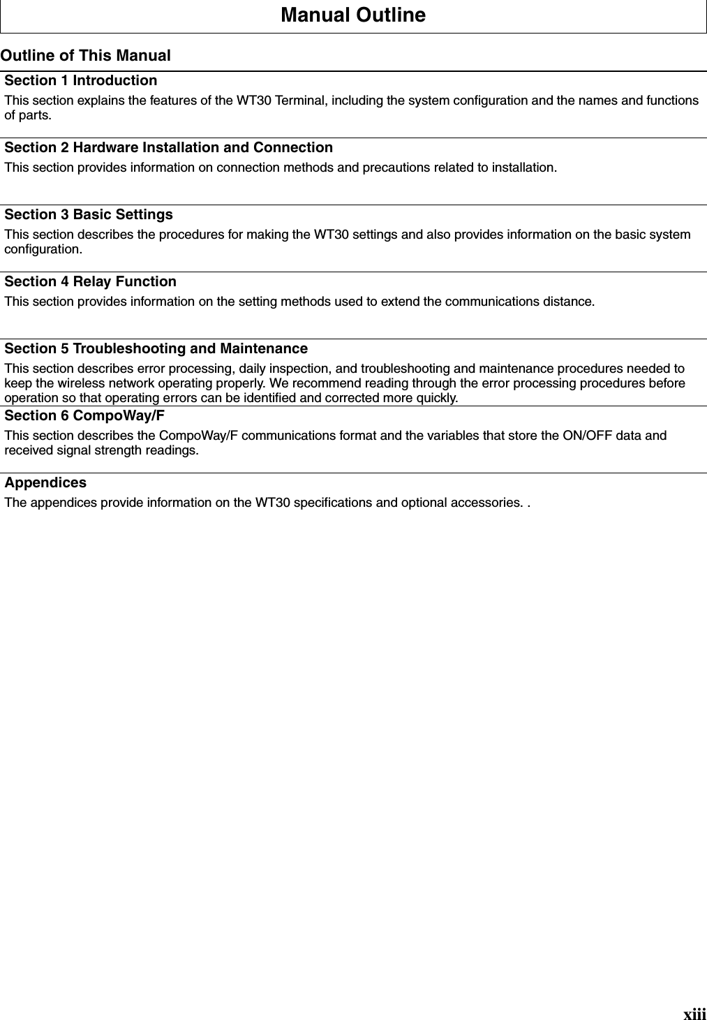 xiiiOutline of This ManualManual OutlineSection 1 IntroductionThis section explains the features of the WT30 Terminal, including the system configuration and the names and functions of parts.Section 2 Hardware Installation and ConnectionThis section provides information on connection methods and precautions related to installation.Section 3 Basic SettingsThis section describes the procedures for making the WT30 settings and also provides information on the basic system configuration.Section 4 Relay FunctionThis section provides information on the setting methods used to extend the communications distance.Section 5 Troubleshooting and MaintenanceThis section describes error processing, daily inspection, and troubleshooting and maintenance procedures needed to keep the wireless network operating properly. We recommend reading through the error processing procedures before operation so that operating errors can be identified and corrected more quickly.Section 6 CompoWay/FThis section describes the CompoWay/F communications format and the variables that store the ON/OFF data and received signal strength readings.AppendicesThe appendices provide information on the WT30 specifications and optional accessories. .