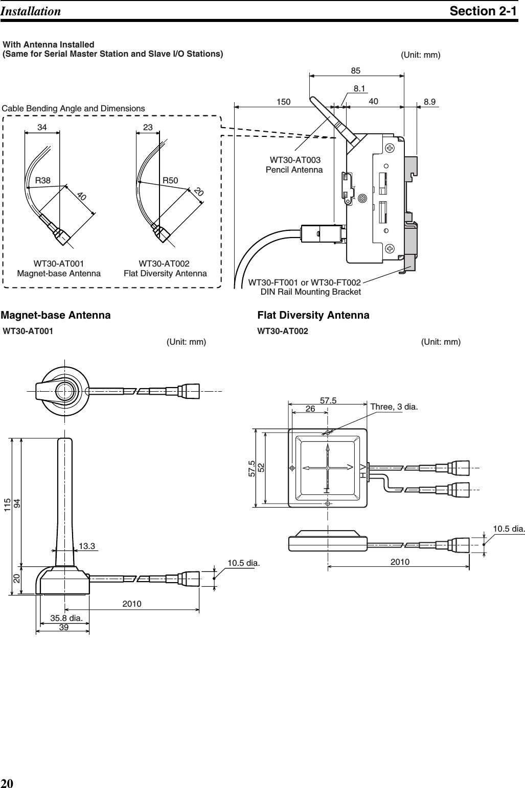 20Installation Section 2-1Magnet-base Antenna Flat Diversity Antenna150 40 8.9858.123R50WT30-AT002 Flat Diversity AntennaWT30-AT003 Pencil AntennaCable Bending Angle and Dimensions34R382040WT30-AT001Magnet-base Antenna(Unit: mm)With Antenna Installed(Same for Serial Master Station and Slave I/O Stations)WT30-FT001 or WT30-FT002DIN Rail Mounting Bracket115942010.5 dia.13.335.8 dia.392010(Unit: mm)WT30-AT0012657.557.5522010Three, 3 dia.10.5 dia.(Unit: mm)WT30-AT002