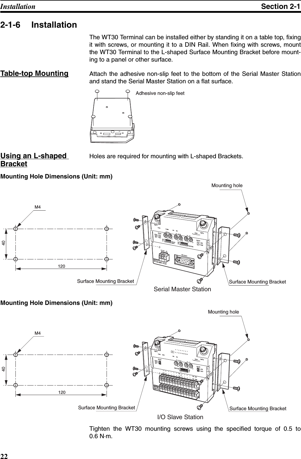 22Installation Section 2-12-1-6 InstallationThe WT30 Terminal can be installed either by standing it on a table top, fixingit with screws, or mounting it to a DIN Rail. When fixing with screws, mountthe WT30 Terminal to the L-shaped Surface Mounting Bracket before mount-ing to a panel or other surface. Table-top Mounting Attach the adhesive non-slip feet to the bottom of the Serial Master Stationand stand the Serial Master Station on a flat surface.Using an L-shaped BracketHoles are required for mounting with L-shaped Brackets.Mounting Hole Dimensions (Unit: mm)Mounting Hole Dimensions (Unit: mm)Tighten the WT30 mounting screws using the specified torque of 0.5 to0.6 N·m.Adhesive non-slip feetM440120WT30-M01-FLK ANT1ANT2Mounting hole Surface Mounting Bracket Surface Mounting BracketSerial Master StationM440120WT30-SID16ANT1ANT2I/O Slave StationMounting hole Surface Mounting Bracket  Surface Mounting Bracket