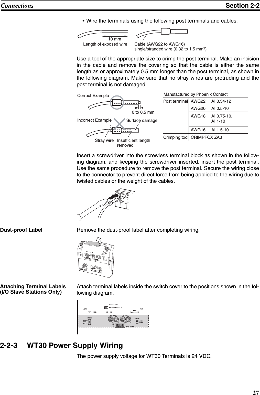 27Connections Section 2-2• Wire the terminals using the following post terminals and cables.Use a tool of the appropriate size to crimp the post terminal. Make an incisionin the cable and remove the covering so that the cable is either the samelength as or approximately 0.5 mm longer than the post terminal, as shown inthe following diagram. Make sure that no stray wires are protruding and thepost terminal is not damaged.Insert a screwdriver into the screwless terminal block as shown in the follow-ing diagram, and keeping the screwdriver inserted, insert the post terminal.Use the same procedure to remove the post terminal. Secure the wiring closeto the connector to prevent direct force from being applied to the wiring due totwisted cables or the weight of the cables.Dust-proof Label Remove the dust-proof label after completing wiring.Attaching Terminal Labels (I/O Slave Stations Only)Attach terminal labels inside the switch cover to the positions shown in the fol-lowing diagram.2-2-3 WT30 Power Supply WiringThe power supply voltage for WT30 Terminals is 24 VDC.10 mmLength of exposed wire Cable (AWG22 to AWG16) single/stranded wire (0.32 to 1.5 mm2)AWG22 AI 0.34-12AWG20 AI 0.5-10AWG18 AI 0.75-10, AI 1-10AWG16 AI 1.5-10CRIMPFOX ZA30 to 0.5 mmInsufficient length removedSurface damageStray wireCorrect ExampleIncorrect ExamplePost terminalCrimping toolManufactured by Phoenix ContactWT30-M01-FLK ANT1ANT2123 4 5 6 7 8 9 0 ONFUNCTIONPWR ERRMODERUNTESTSETMS WSW   NODE W   CHENTERRSSIONONOFF19 x10 x1 x10 x10123456789012345678901234567890123456789IN0 1 2 3 4 5 6 78 9 10 11 12 13 14 15ANT1 ANT2