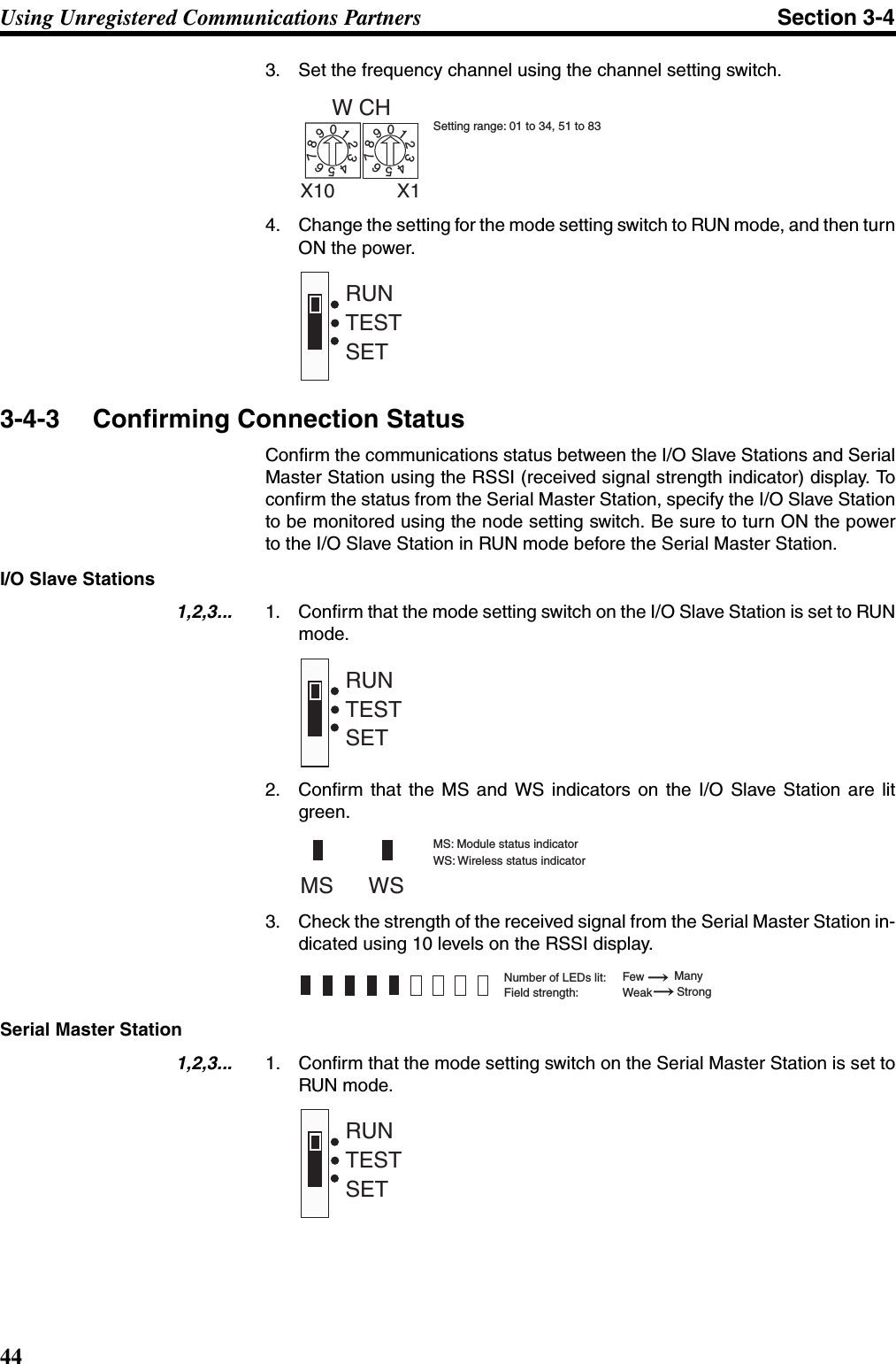 44Using Unregistered Communications Partners Section 3-43. Set the frequency channel using the channel setting switch.4. Change the setting for the mode setting switch to RUN mode, and then turnON the power.3-4-3 Confirming Connection StatusConfirm the communications status between the I/O Slave Stations and SerialMaster Station using the RSSI (received signal strength indicator) display. Toconfirm the status from the Serial Master Station, specify the I/O Slave Stationto be monitored using the node setting switch. Be sure to turn ON the powerto the I/O Slave Station in RUN mode before the Serial Master Station.I/O Slave Stations1,2,3... 1. Confirm that the mode setting switch on the I/O Slave Station is set to RUNmode.2. Confirm that the MS and WS indicators on the I/O Slave Station are litgreen.3. Check the strength of the received signal from the Serial Master Station in-dicated using 10 levels on the RSSI display.   Serial Master Station1,2,3... 1. Confirm that the mode setting switch on the Serial Master Station is set toRUN mode.W CH01234567890123456789X10 X1Setting range: 01 to 34, 51 to 83SETTESTRUNSETTESTRUNWSMSMS: Module status indicator WS: Wireless status indicator Number of LEDs lit:  ManyField strength: WeakFew  StrongSETTESTRUN