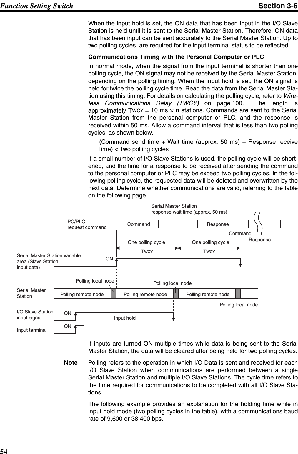 54Function Setting Switch Section 3-6When the input hold is set, the ON data that has been input in the I/O SlaveStation is held until it is sent to the Serial Master Station. Therefore, ON datathat has been input can be sent accurately to the Serial Master Station. Up totwo polling cycles  are required for the input terminal status to be reflected.Communications Timing with the Personal Computer or PLCIn normal mode, when the signal from the input terminal is shorter than onepolling cycle, the ON signal may not be received by the Serial Master Station,depending on the polling timing. When the input hold is set, the ON signal isheld for twice the polling cycle time. Read the data from the Serial Master Sta-tion using this timing. For details on calculating the polling cycle, refer to Wire-less Communications Delay (TWCY) on page 100.  The length isapproximately TWCY = 10 ms × n stations. Commands are sent to the SerialMaster Station from the personal computer or PLC, and the response isreceived within 50 ms. Allow a command interval that is less than two pollingcycles, as shown below.(Command send time + Wait time (approx. 50 ms) + Response receivetime) &lt; Two polling cyclesIf a small number of I/O Slave Stations is used, the polling cycle will be short-ened, and the time for a response to be received after sending the commandto the personal computer or PLC may be exceed two polling cycles. In the fol-lowing polling cycle, the requested data will be deleted and overwritten by thenext data. Determine whether communications are valid, referring to the tableon the following page. If inputs are turned ON multiple times while data is being sent to the SerialMaster Station, the data will be cleared after being held for two polling cycles.Note Polling refers to the operation in which I/O Data is sent and received for eachI/O Slave Station when communications are performed between a singleSerial Master Station and multiple I/O Slave Stations. The cycle time refers tothe time required for communications to be completed with all I/O Slave Sta-tions. The following example provides an explanation for the holding time while ininput hold mode (two polling cycles in the table), with a communications baudrate of 9,600 or 38,400 bps.One polling cycle One polling cycleInput holdPolling local nodeInput terminalSerial Master Station variable  area (Slave Station  input data)Serial Master  StationI/O Slave Station input signalCommandSerial Master Station response wait time (approx. 50 ms)ResponseCommandResponsePC/PLC request commandTWCY TWCYONPolling local nodePolling remote node Polling remote node Polling remote nodePolling local nodeONON