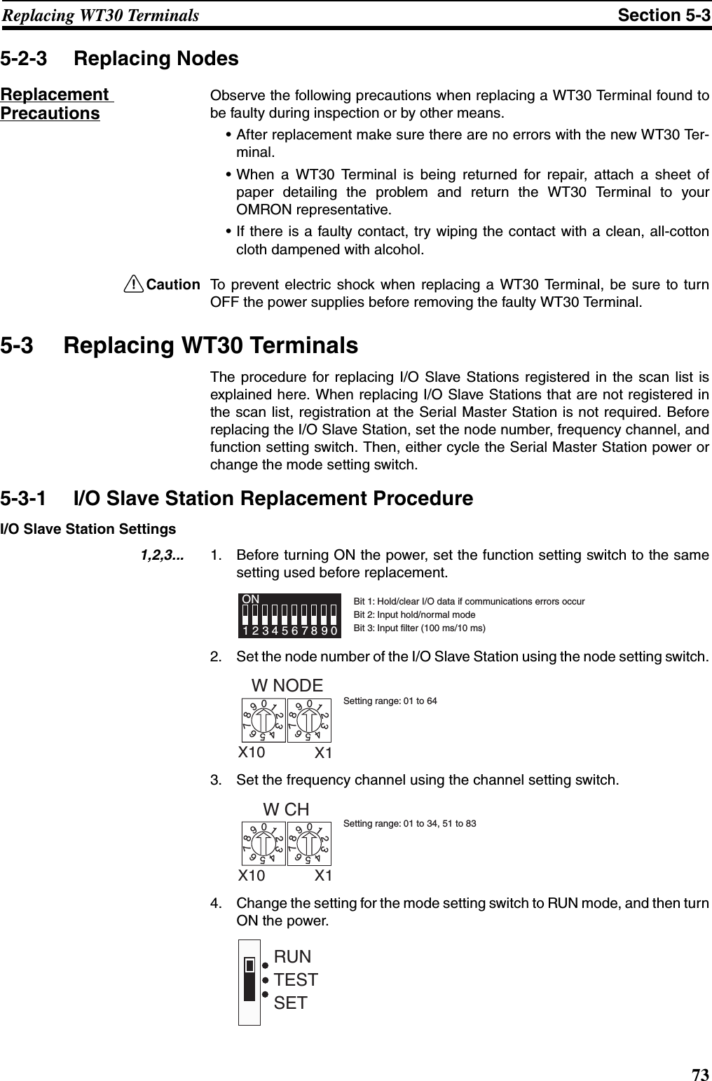 73Replacing WT30 Terminals Section 5-35-2-3 Replacing NodesReplacement PrecautionsObserve the following precautions when replacing a WT30 Terminal found tobe faulty during inspection or by other means.• After replacement make sure there are no errors with the new WT30 Ter-minal.• When a WT30 Terminal is being returned for repair, attach a sheet ofpaper detailing the problem and return the WT30 Terminal to yourOMRON representative.• If there is a faulty contact, try wiping the contact with a clean, all-cottoncloth dampened with alcohol.!Caution To prevent electric shock when replacing a WT30 Terminal, be sure to turnOFF the power supplies before removing the faulty WT30 Terminal.5-3 Replacing WT30 TerminalsThe procedure for replacing I/O Slave Stations registered in the scan list isexplained here. When replacing I/O Slave Stations that are not registered inthe scan list, registration at the Serial Master Station is not required. Beforereplacing the I/O Slave Station, set the node number, frequency channel, andfunction setting switch. Then, either cycle the Serial Master Station power orchange the mode setting switch. 5-3-1 I/O Slave Station Replacement ProcedureI/O Slave Station Settings1,2,3... 1. Before turning ON the power, set the function setting switch to the samesetting used before replacement.2. Set the node number of the I/O Slave Station using the node setting switch.3. Set the frequency channel using the channel setting switch.4. Change the setting for the mode setting switch to RUN mode, and then turnON the power.1234ON567890Bit 1: Hold/clear I/O data if communications errors occurBit 2: Input hold/normal mode Bit 3: Input filter (100 ms/10 ms)W NODE01234567890123456789X10 X1Setting range: 01 to 64W CH01234567890123456789X10 X1Setting range: 01 to 34, 51 to 83SETTESTRUN