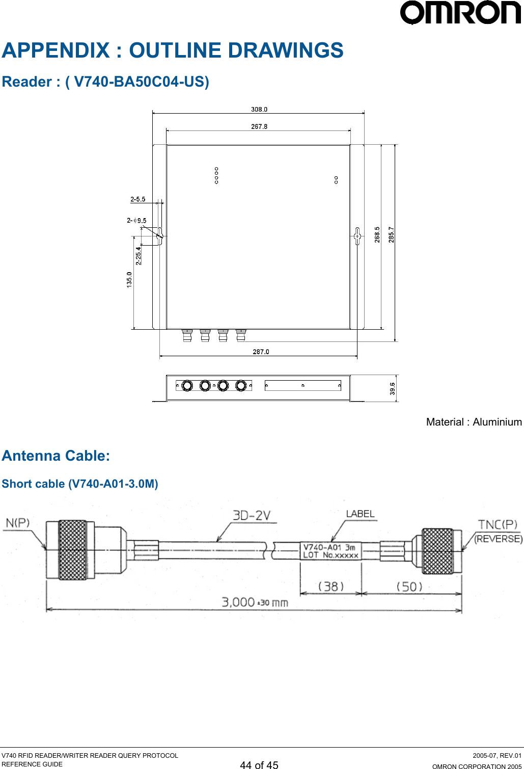     APPENDIX : OUTLINE DRAWINGS Reader : ( V740-BA50C04-US)  Material : Aluminium Antenna Cable: Short cable (V740-A01-3.0M)   V740 RFID READER/WRITER READER QUERY PROTOCOL  2005-07, REV.01 REFERENCE GUIDE 44 of 45  OMRON CORPORATION 2005 