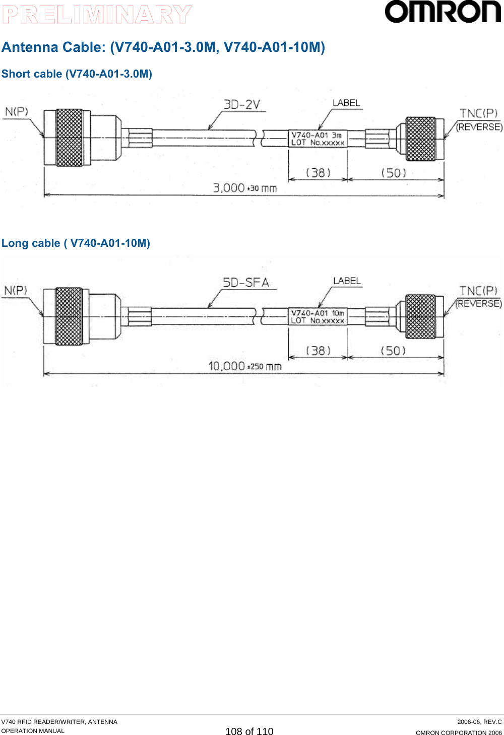     V740 RFID READER/WRITER, ANTENNA  2006-06, REV.C OPERATION MANUAL 108 of 110  OMRON CORPORATION 2006 Antenna Cable: (V740-A01-3.0M, V740-A01-10M) Short cable (V740-A01-3.0M)   Long cable ( V740-A01-10M)    