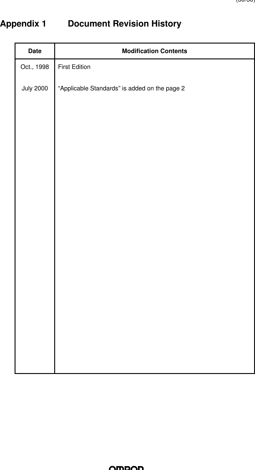 (30/30) Appendix 1   Document Revision HistoryDate Modification ContentsOct., 1998July 2000First Edition“Applicable Standards” is added on the page 2