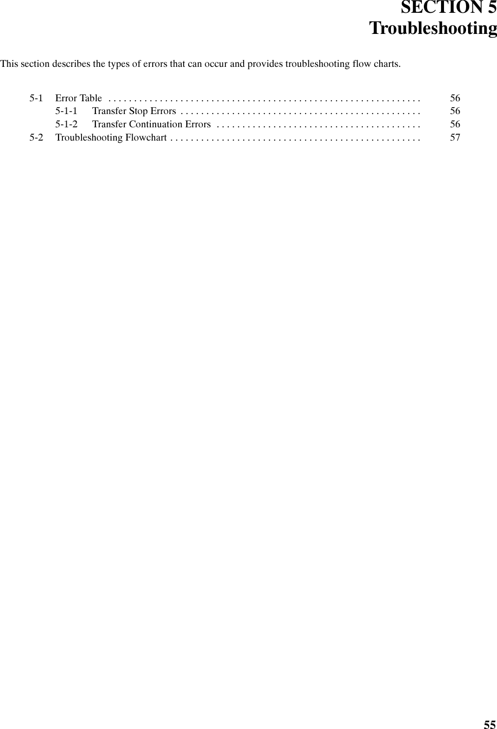 6(&amp;7,21 7URXEOHVKRRWLQJ7KLV VHFWLRQ GHVFULEHV WKH W\SHV RI HUURUV WKDW FDQ RFFXU DQG SURYLGHV WURXEOHVKRRWLQJ IORZ FKDUWV (UURU 7DEOH  7UDQVIHU 6WRS (UURUV  7UDQVIHU &amp;RQWLQXDWLRQ (UURUV  7URXEOHVKRRWLQJ )ORZFKDUW 