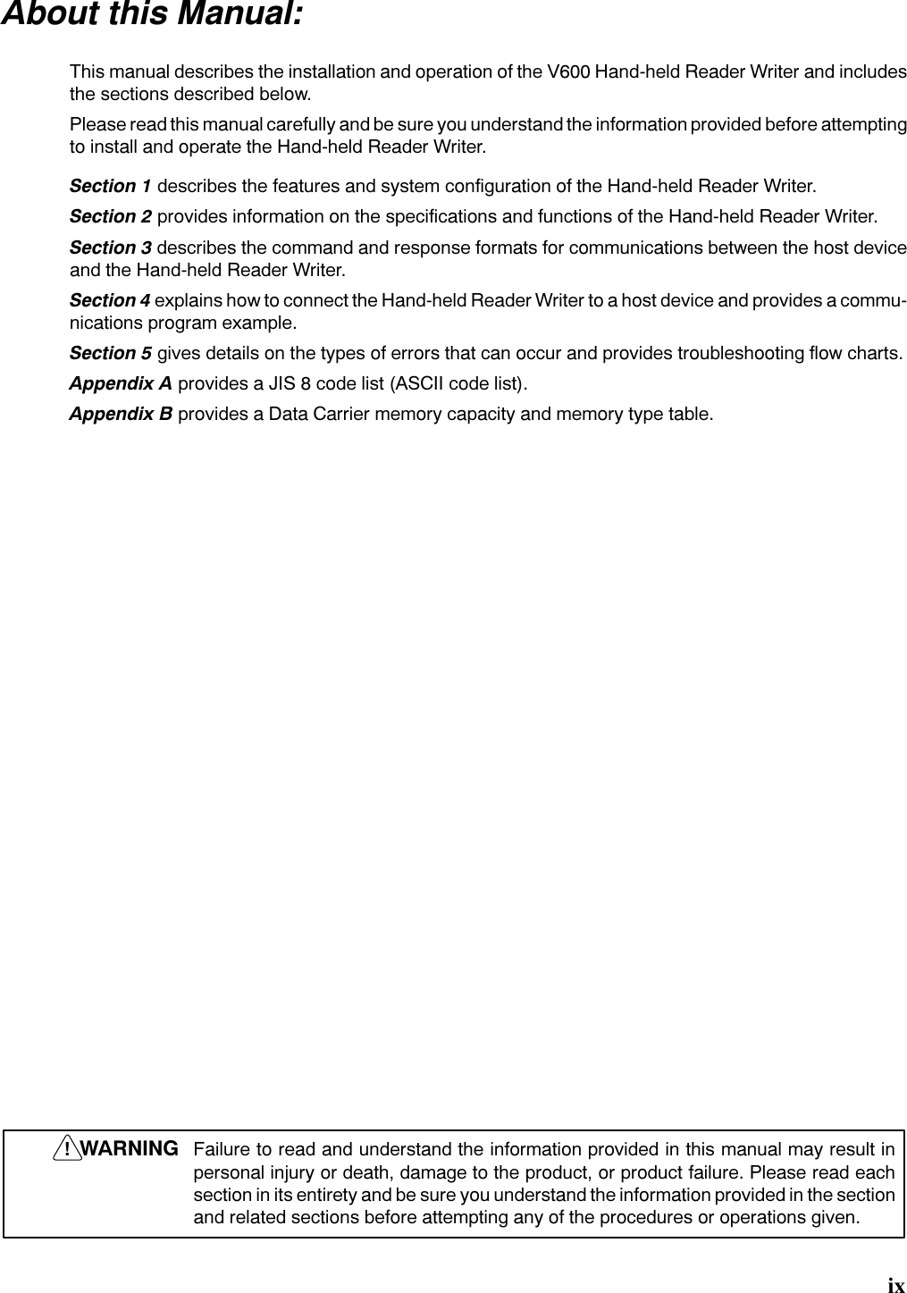 L[$ERXW WKLV 0DQXDO7KLV PDQXDO GHVFULEHV WKH LQVWDOODWLRQ DQG RSHUDWLRQ RI WKH 9 +DQGKHOG 5HDGHU :ULWHU DQG LQFOXGHVWKH VHFWLRQV GHVFULEHG EHORZ3OHDVH UHDG WKLV PDQXDO FDUHIXOO\ DQG EH VXUH \RX XQGHUVWDQG WKH LQIRUPDWLRQ SURYLGHG EHIRUH DWWHPSWLQJWR LQVWDOO DQG RSHUDWH WKH +DQGKHOG 5HDGHU :ULWHU6HFWLRQ  GHVFULEHV WKH IHDWXUHV DQG V\VWHP FRQILJXUDWLRQ RI WKH +DQGKHOG 5HDGHU :ULWHU6HFWLRQ  SURYLGHV LQIRUPDWLRQ RQ WKH VSHFLILFDWLRQV DQG IXQFWLRQV RI WKH +DQGKHOG 5HDGHU :ULWHU6HFWLRQ  GHVFULEHV WKH FRPPDQG DQG UHVSRQVH IRUPDWV IRU FRPPXQLFDWLRQV EHWZHHQ WKH KRVW GHYLFHDQG WKH +DQGKHOG 5HDGHU :ULWHU6HFWLRQ  H[SODLQV KRZ WR FRQQHFW WKH +DQGKHOG 5HDGHU :ULWHU WR D KRVW GHYLFH DQG SURYLGHV D FRPPXQLFDWLRQV SURJUDP H[DPSOH6HFWLRQ  JLYHV GHWDLOV RQ WKH W\SHV RI HUURUV WKDW FDQ RFFXU DQG SURYLGHV WURXEOHVKRRWLQJ IORZ FKDUWV$SSHQGL[ $ SURYLGHV D -,6  FRGH OLVW $6&amp;,, FRGH OLVW$SSHQGL[ % SURYLGHV D &apos;DWD &amp;DUULHU PHPRU\ FDSDFLW\ DQG PHPRU\ W\SH WDEOH:$51,1* )DLOXUH WR UHDG DQG XQGHUVWDQG WKH LQIRUPDWLRQ SURYLGHG LQ WKLV PDQXDO PD\ UHVXOW LQSHUVRQDO LQMXU\ RU GHDWK GDPDJH WR WKH SURGXFW RU SURGXFW IDLOXUH 3OHDVH UHDG HDFKVHFWLRQ LQ LWV HQWLUHW\ DQG EH VXUH \RX XQGHUVWDQG WKH LQIRUPDWLRQ SURYLGHG LQ WKH VHFWLRQDQG UHODWHG VHFWLRQV EHIRUH DWWHPSWLQJ DQ\ RI WKH SURFHGXUHV RU RSHUDWLRQV JLYHQ