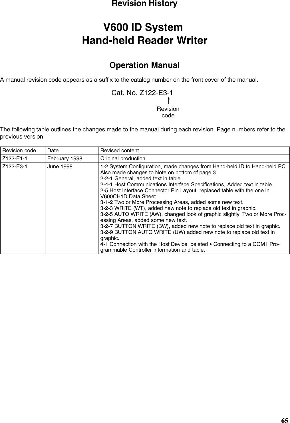 5HYLVLRQ +LVWRU\V600 ID SystemHand-held Reader WriterOperation Manual$ PDQXDO UHYLVLRQ FRGH DSSHDUV DV D VXIIL[ WR WKH FDWDORJ QXPEHU RQ WKH IURQW FRYHU RI WKH PDQXDOCat. No. Z122-E3-15HYLVLRQFRGH7KH IROORZLQJ WDEOH RXWOLQHV WKH FKDQJHV PDGH WR WKH PDQXDO GXULQJ HDFK UHYLVLRQ 3DJH QXPEHUV UHIHU WR WKHSUHYLRXV YHUVLRQ5HYLVLRQ FRGH &apos;DWH 5HYLVHG FRQWHQW=( )HEUXDU\  2ULJLQDO SURGXFWLRQ=( -XQH   6\VWHP &amp;RQILJXUDWLRQ PDGH FKDQJHV IURP +DQGKHOG ,&apos; WR +DQGKHOG 3&amp;$OVR PDGH FKDQJHV WR 1RWH RQ ERWWRP RI SDJH  *HQHUDO DGGHG WH[W LQ WDEOH +RVW &amp;RPPXQLFDWLRQV ,QWHUIDFH 6SHFLILFDWLRQV $GGHG WH[W LQ WDEOH +RVW ,QWHUIDFH &amp;RQQHFWRU 3LQ /D\RXW UHSODFHG WDEOH ZLWK WKH RQH LQ9&amp;+&apos; &apos;DWD 6KHHW 7ZR RU 0RUH 3URFHVVLQJ $UHDV DGGHG VRPH QHZ WH[W :5,7( :7 DGGHG QHZ QRWH WR UHSODFH ROG WH[W LQ JUDSKLF $872 :5,7( $: FKDQJHG ORRN RI JUDSKLF VOLJKWO\ 7ZR RU 0RUH 3URFHVVLQJ $UHDV DGGHG VRPH QHZ WH[W %87721 :5,7( %: DGGHG QHZ QRWH WR UHSODFH ROG WH[W LQ JUDSKLF %87721 $872 :5,7( 8: DGGHG QHZ QRWH WR UHSODFH ROG WH[W LQJUDSKLF &amp;RQQHFWLRQ ZLWK WKH +RVW &apos;HYLFH GHOHWHG :&amp;RQQHFWLQJ WR D &amp;40 3URJUDPPDEOH &amp;RQWUROOHU LQIRUPDWLRQ DQG WDEOH