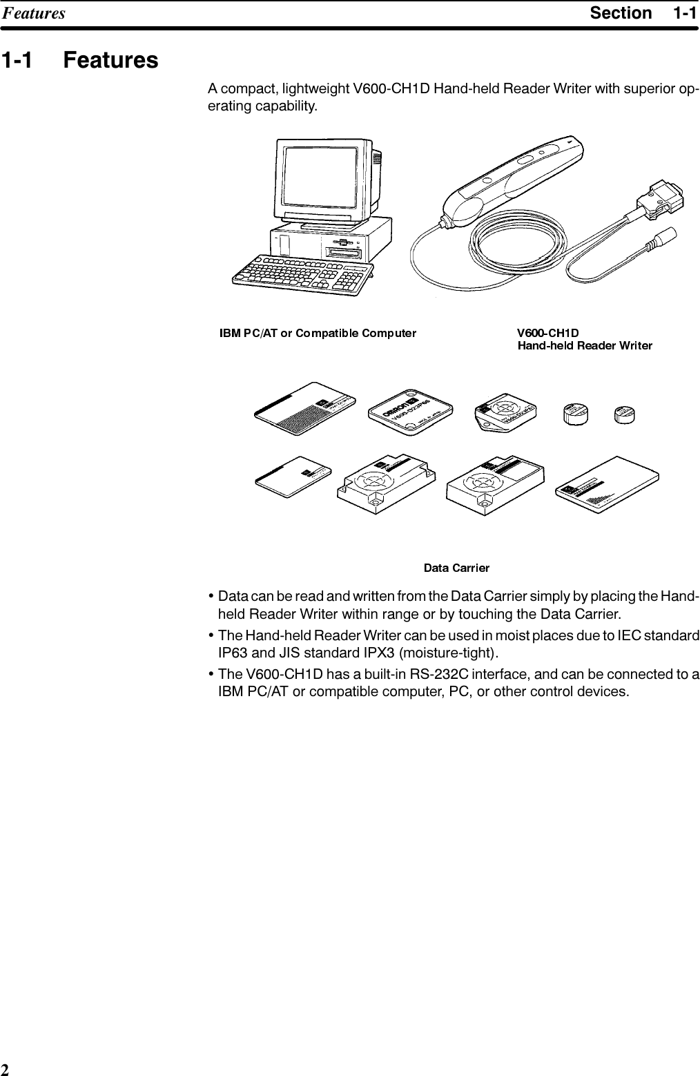 6HFWLRQ)HDWXUHV )HDWXUHV$ FRPSDFW OLJKWZHLJKW 9&amp;+&apos; +DQGKHOG 5HDGHU :ULWHU ZLWK VXSHULRU RSHUDWLQJ FDSDELOLW\&apos;DWD FDQ EH UHDG DQG ZULWWHQ IURP WKH &apos;DWD &amp;DUULHU VLPSO\ E\ SODFLQJ WKH +DQGKHOG 5HDGHU :ULWHU ZLWKLQ UDQJH RU E\ WRXFKLQJ WKH &apos;DWD &amp;DUULHU7KH +DQGKHOG 5HDGHU :ULWHU FDQ EH XVHG LQ PRLVW SODFHV GXH WR ,(&amp; VWDQGDUG,3 DQG -,6 VWDQGDUG ,3; PRLVWXUHWLJKW7KH 9&amp;+&apos; KDV D EXLOWLQ 56&amp; LQWHUIDFH DQG FDQ EH FRQQHFWHG WR D,%0 3&amp;$7 RU FRPSDWLEOH FRPSXWHU 3&amp; RU RWKHU FRQWURO GHYLFHV
