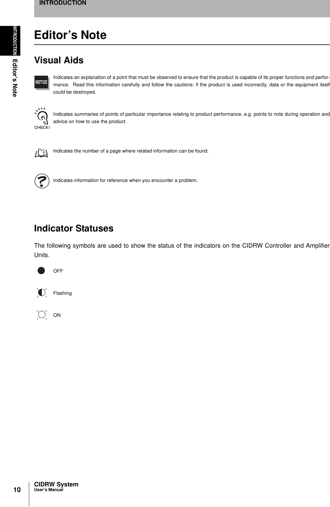 10INTRODUCTIONEditor’s NoteCIDRW SystemUser’s ManualINTRODUCTIONEditor’s NoteVisual AidsIndicates an explanation of a point that must be observed to ensure that the product is capable of its proper functions and perfor-mance.  Read this information carefully and follow the cautions: if the product is used incorrectly, data or the equipment itselfcould be destroyed.Indicates summaries of points of particular importance relating to product performance, e.g. points to note during operation andadvice on how to use the product.Indicates the number of a page where related information can be found.Indicates information for reference when you encounter a problem.Indicator StatusesThe following symbols are used to show the status of the indicators on the CIDRW Controller and AmplifierUnits.OFFFlashingON