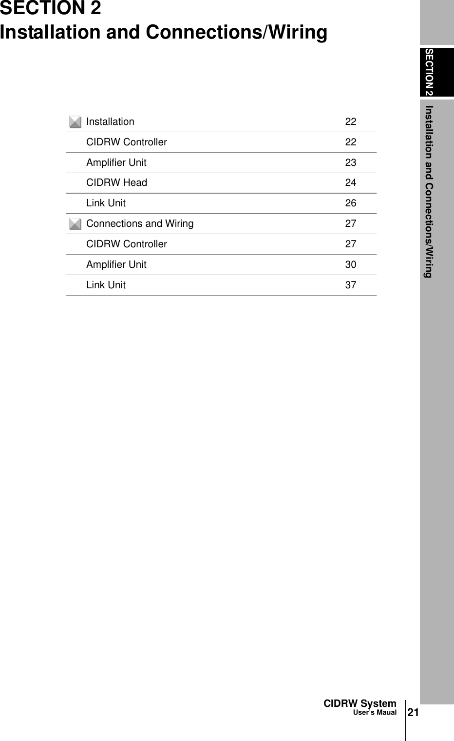 SECTION 2Installation and Connections/Wiring21CIDRW SystemUser’s MaualSECTION 2Installation and Connections/WiringInstallation 22CIDRW Controller 22Amplifier Unit 23CIDRW Head 24Link Unit 26Connections and Wiring 27CIDRW Controller 27Amplifier Unit 30Link Unit 37