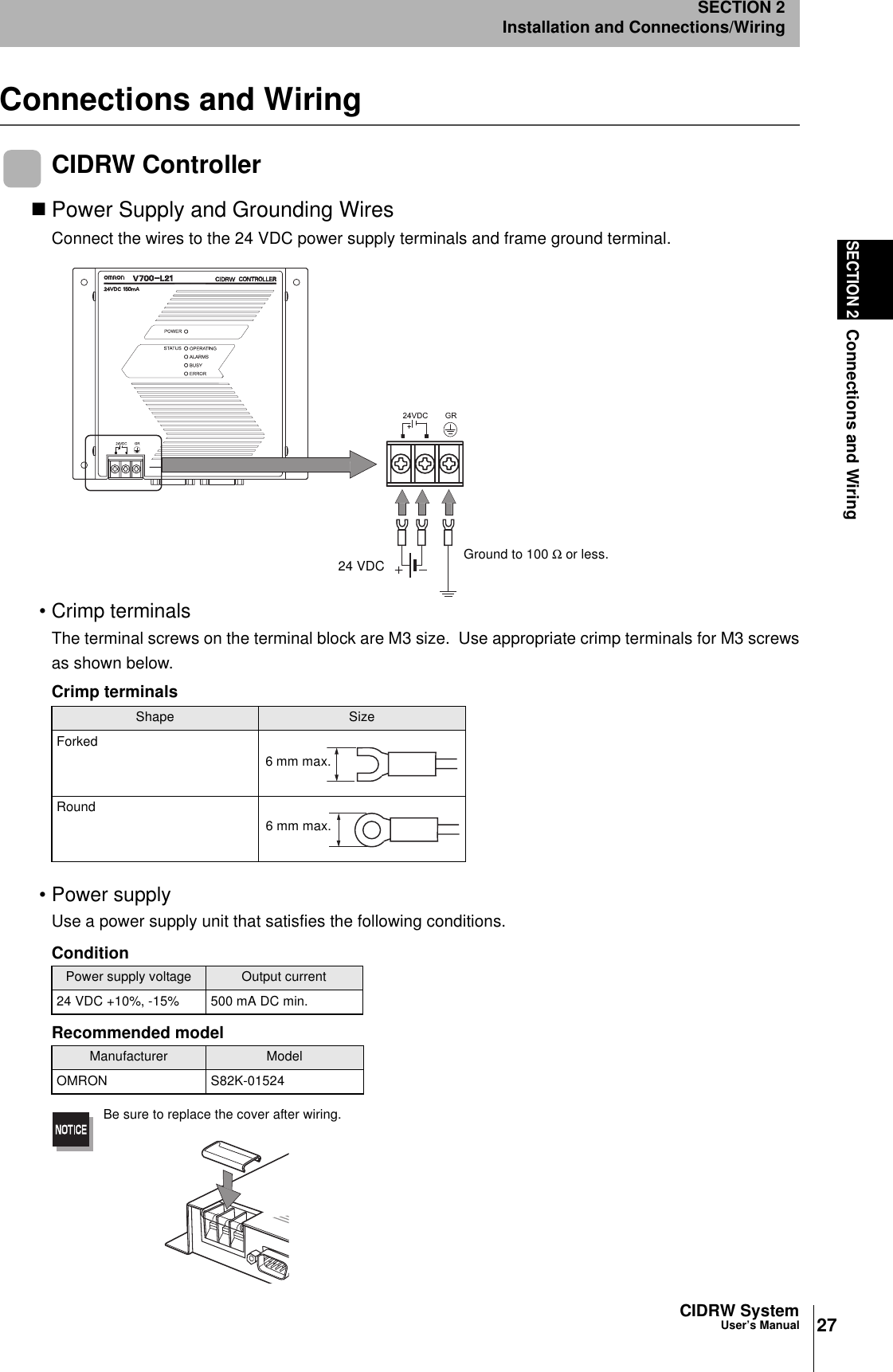 27CIDRW SystemUser’s ManualSECTION 2Connections and WiringSECTION 2Installation and Connections/WiringConnections and WiringCIDRW ControllerPower Supply and Grounding WiresConnect the wires to the 24 VDC power supply terminals and frame ground terminal.• Crimp terminalsThe terminal screws on the terminal block are M3 size.  Use appropriate crimp terminals for M3 screwsas shown below.• Power supplyUse a power supply unit that satisfies the following conditions.Be sure to replace the cover after wiring.Crimp terminalsShape SizeForked Round ConditionPower supply voltage Output current24 VDC +10%, -15% 500 mA DC min.Recommended modelManufacturer ModelOMRON S82K-01524Ground to 100 Ω or less.24 VDC6 mm max.6 mm max.