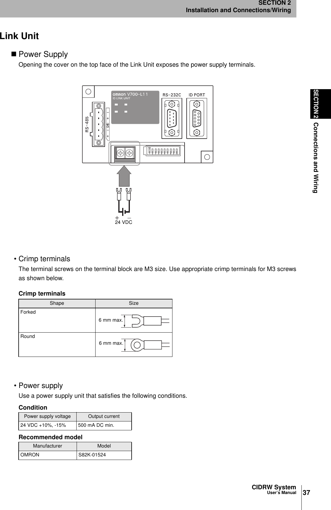 37CIDRW SystemUser’s ManualSECTION 2Connections and WiringSECTION 2Installation and Connections/WiringLink Unit Power SupplyOpening the cover on the top face of the Link Unit exposes the power supply terminals.• Crimp terminalsThe terminal screws on the terminal block are M3 size. Use appropriate crimp terminals for M3 screwsas shown below.• Power supplyUse a power supply unit that satisfies the following conditions.Crimp terminalsShape SizeForked Round ConditionPower supply voltage Output current24 VDC +10%, -15% 500 mA DC min.Recommended modelManufacturer ModelOMRON S82K-0152424 VDC6 mm max.6 mm max.