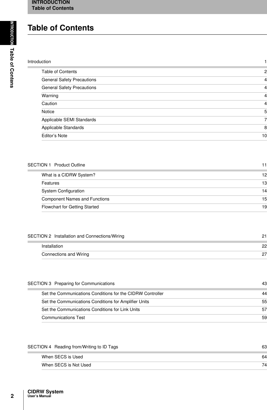 2INTRODUCTIONTable of ContensCIDRW SystemUser’s ManualINTRODUCTIONTable of ContentsTable of ContentsIntroduction 1Table of Contents 2General Safety Precautions 4General Safety Precautions 4Warning 4Caution 4Notice 5Applicable SEMI Standards 7Applicable Standards 8Editor’s Note 10SECTION 1 Product Outline 11What is a CIDRW System? 12Features 13System Configuration 14Component Names and Functions 15Flowchart for Getting Started 19SECTION 2 Installation and Connections/Wiring 21Installation 22Connections and Wiring 27SECTION 3 Preparing for Communications 43Set the Communications Conditions for the CIDRW Controller 44Set the Communications Conditions for Amplifier Units 55Set the Communications Conditions for Link Units 57Communications Test 59SECTION 4 Reading from/Writing to ID Tags 63When SECS is Used 64When SECS is Not Used 74