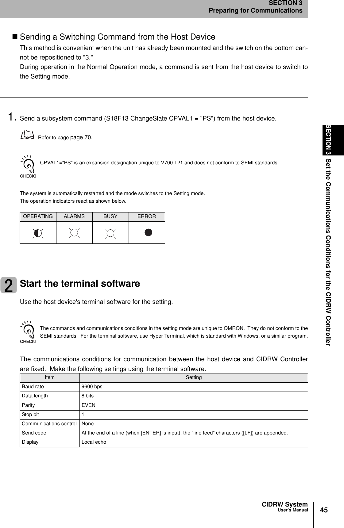 45CIDRW SystemUser’s ManualSECTION 3Set the Communications Conditions for the CIDRW ControllerSECTION 3Preparing for CommunicationsSending a Switching Command from the Host DeviceThis method is convenient when the unit has already been mounted and the switch on the bottom can-not be repositioned to &quot;3.&quot;During operation in the Normal Operation mode, a command is sent from the host device to switch tothe Setting mode.1. Send a subsystem command (S18F13 ChangeState CPVAL1 = &quot;PS&quot;) from the host device.Refer to page page 70.CPVAL1=&quot;PS&quot; is an expansion designation unique to V700-L21 and does not conform to SEMI standards.The system is automatically restarted and the mode switches to the Setting mode.The operation indicators react as shown below.Start the terminal softwareUse the host device&apos;s terminal software for the setting.The commands and communications conditions in the setting mode are unique to OMRON.  They do not conform to theSEMI standards.  For the terminal software, use Hyper Terminal, which is standard with Windows, or a similar program.The communications conditions for communication between the host device and CIDRW Controllerare fixed.  Make the following settings using the terminal software.OPERATING ALARMS BUSY ERRORItem SettingBaud rate 9600 bpsData length 8 bitsParity EVENStop bit 1Communications control NoneSend code At the end of a line (when [ENTER] is input), the &quot;line feed&quot; characters ([LF]) are appended.Display Local echo