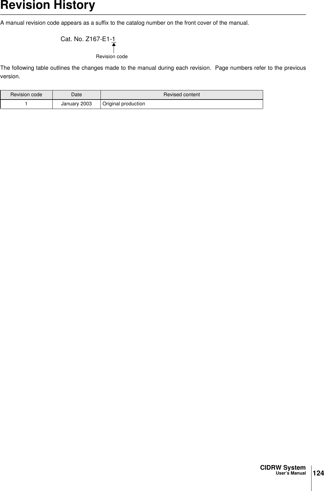CIDRW SystemUser’s ManualëÊ 6 èÕ 124Revision HistoryA manual revision code appears as a suffix to the catalog number on the front cover of the manual.The following table outlines the changes made to the manual during each revision. Page numbers refer to the previousversion.Revision code Date Revised content1 January 2003 Original productionCat. No. Z167-E1-1Revision code