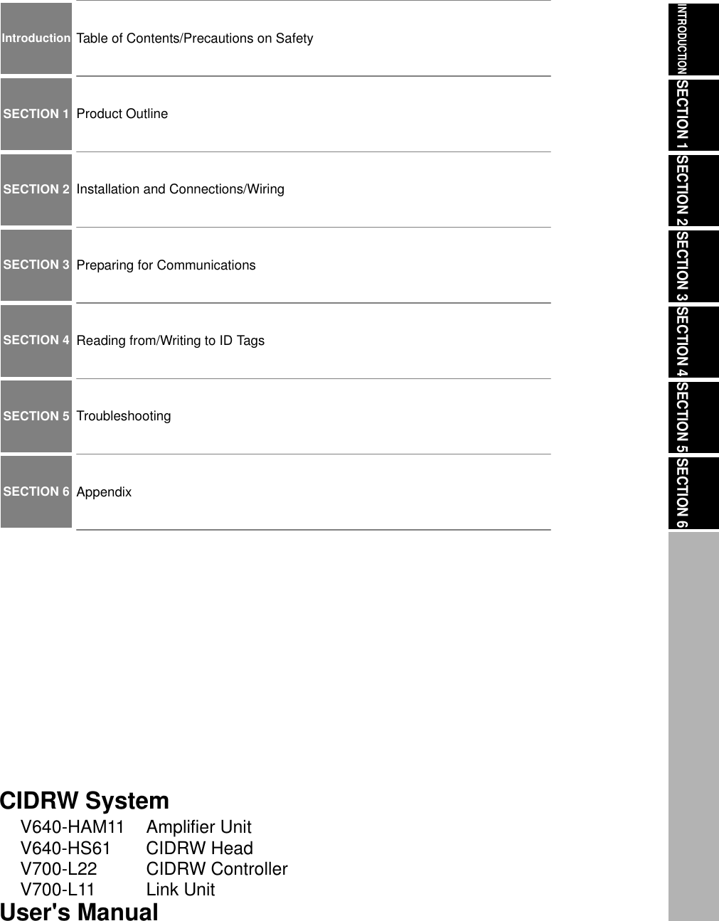 ÇÕÇ¹Ç?Ç ëÊ 1 èÕ ëÊ 2 èÕ ëÊ 3 èÕ ëÊ 4 èÕINTRODUCTIONSECTION 1 SECTION 2 SECTION 3 SECTION 4 SECTION 5 SECTION 6IntroductionSECTION 1SECTION 2SECTION 3SECTION 4SECTION 5SECTION 6Table of Contents/Precautions on SafetyProduct OutlineInstallation and Connections/WiringPreparing for CommunicationsReading from/Writing to ID TagsTroubleshootingAppendixCIDRW SystemV640-HAM11 Amplifier UnitV640-HS61 CIDRW HeadV700-L22 CIDRW ControllerV700-L11 Link UnitUser&apos;s Manual