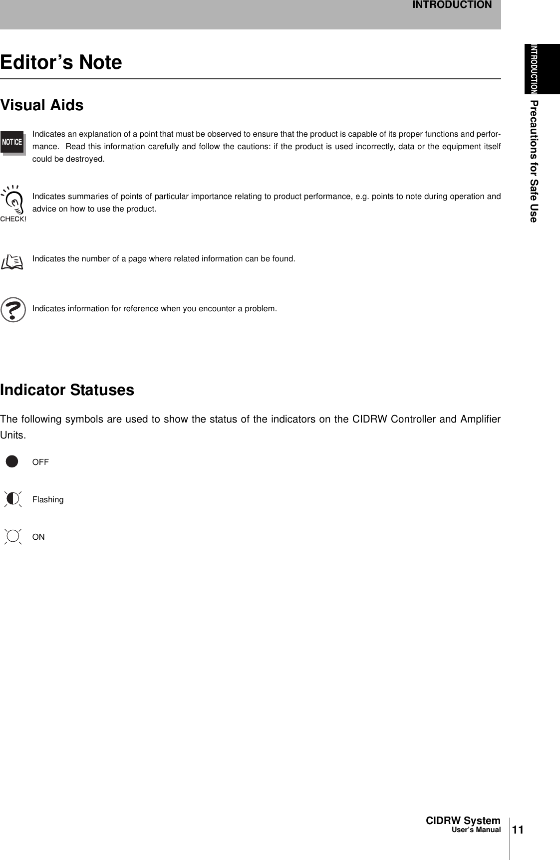 11CIDRW SystemUser’s ManualINTRODUCTIONPrecautions for Safe UseINTRODUCTIONEditor’s NoteVisual AidsIndicates an explanation of a point that must be observed to ensure that the product is capable of its proper functions and perfor-mance.  Read this information carefully and follow the cautions: if the product is used incorrectly, data or the equipment itselfcould be destroyed.Indicates summaries of points of particular importance relating to product performance, e.g. points to note during operation andadvice on how to use the product.Indicates the number of a page where related information can be found.Indicates information for reference when you encounter a problem.Indicator StatusesThe following symbols are used to show the status of the indicators on the CIDRW Controller and AmplifierUnits.OFFFlashingON