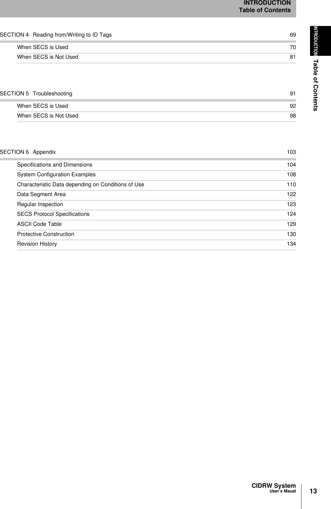 13CIDRW SystemUser’s MaualINTRODUCTIONTable of ContentsINTRODUCTIONTable of ContentsSECTION 4 Reading from/Writing to ID Tags 69When SECS is Used 70When SECS is Not Used 81SECTION 5 Troubleshooting 91When SECS is Used 92When SECS is Not Used 98SECTION 6 Appendix 103Specifications and Dimensions 104System Configuration Examples 108Characteristic Data depending on Conditions of Use 110Data Segment Area 122Regular Inspection 123SECS Protocol Specifications 124ASCII Code Table 129Protective Construction 130Revision History 134