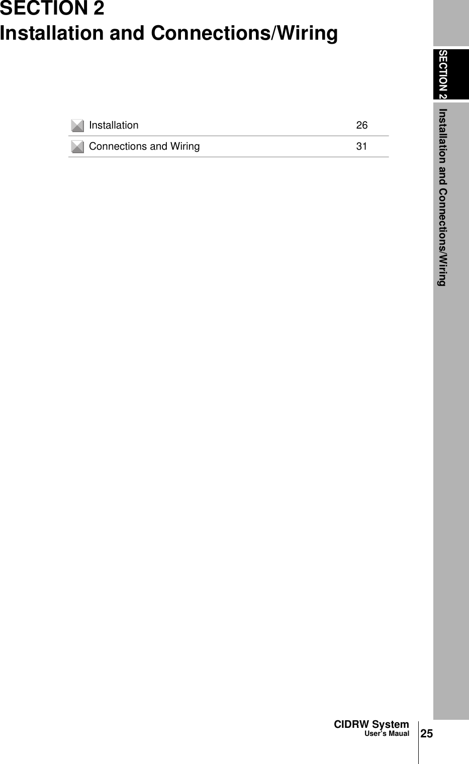 SECTION 2Installation and Connections/Wiring25CIDRW SystemUser’s MaualSECTION 2Installation and Connections/WiringInstallation 26Connections and Wiring 31